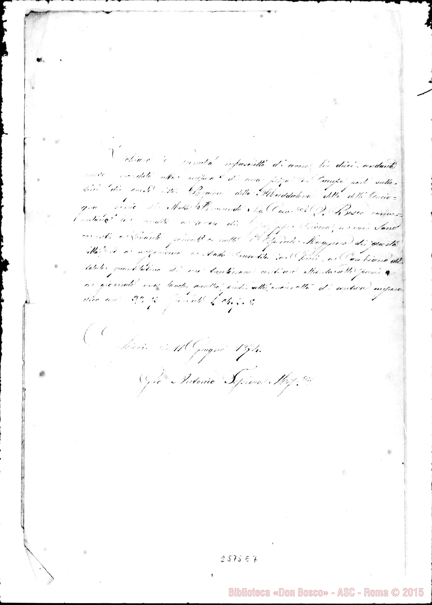 Fotogramma E 7 — Compromesso fra D. Savio e D. Civera. 18-06-1873. Ms. con autogr. Rua e 10 Condizioni di D. Savio all’Ortolano Cristino Tommaso. 12-11-1874