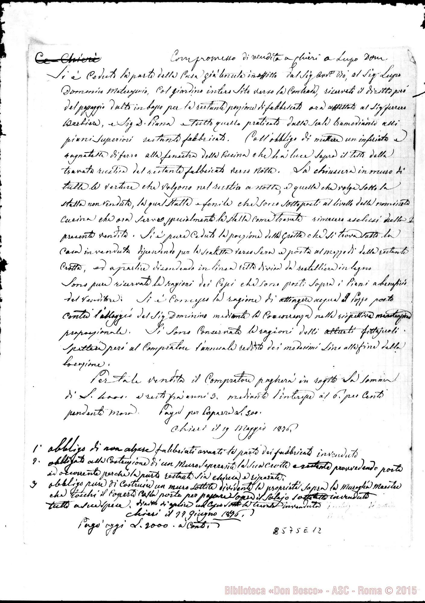 Fotogramma E 12 — Compromesso di vendita. Note autogr. Rua