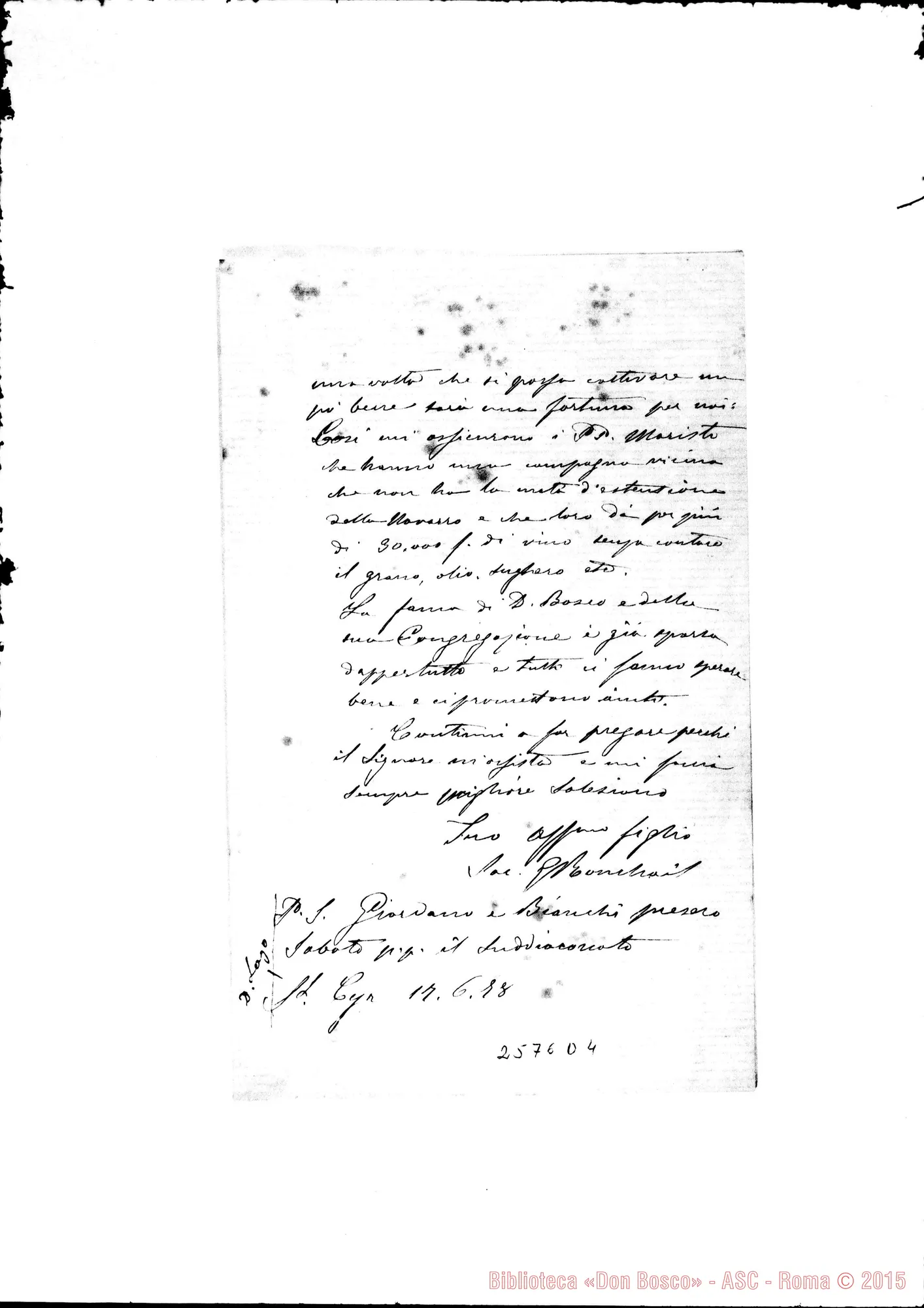 Fotogramma D 4 — Ronchail Giuseppe - D. Bosco. St.Cyr, 17-06-1878. Autogr. Rua