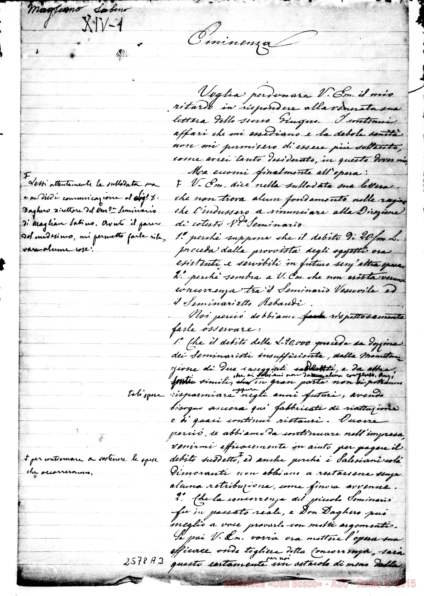 Fotogramma A 3 — D. Bosco - Eminenza. 12-07-1884. Minuta ms. di altro con correz. autogr. D. Rua
