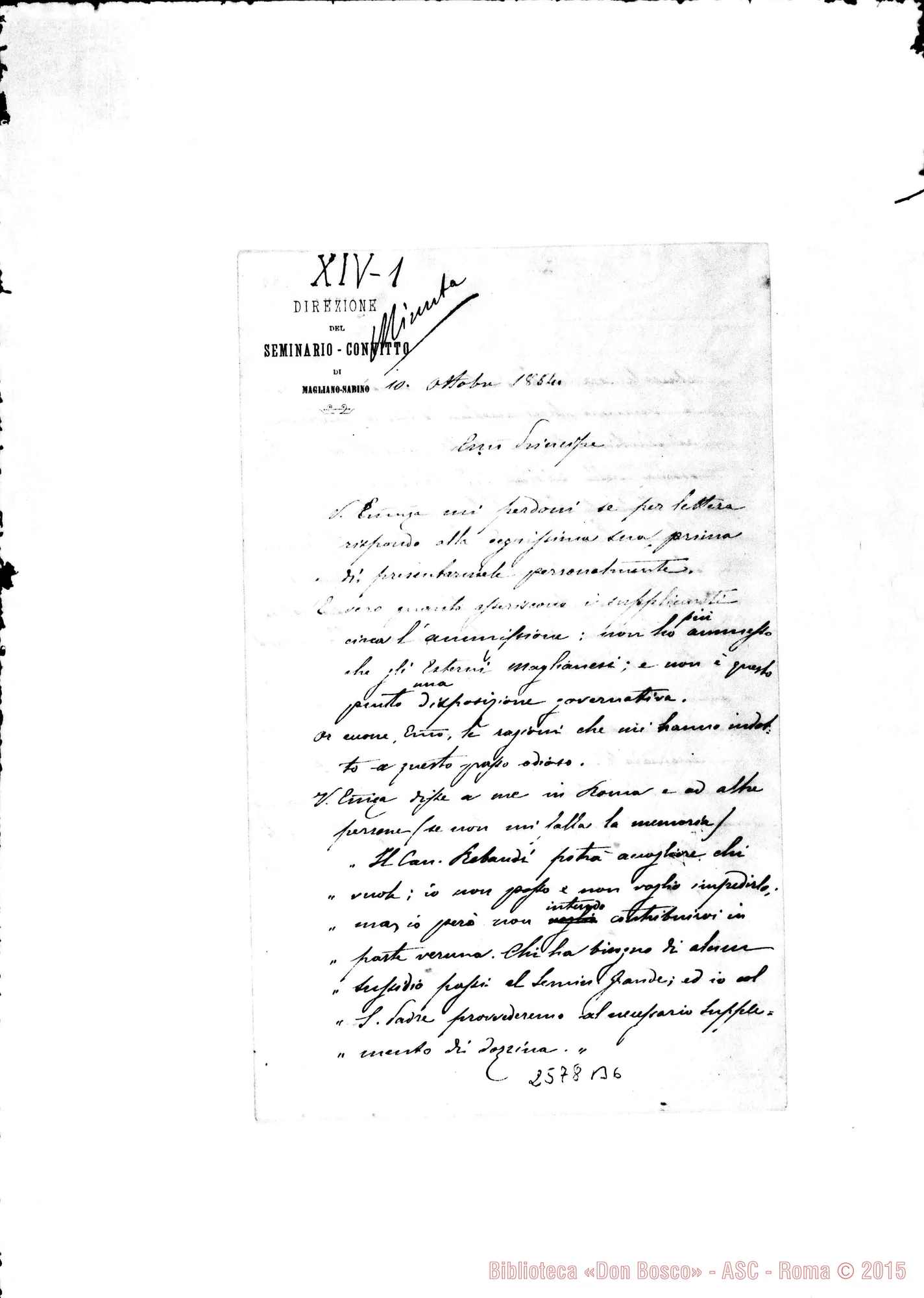 Fotogramma B 6 — Minuta in ms. di Daghero A Em.mo Principe, 10-10-1884