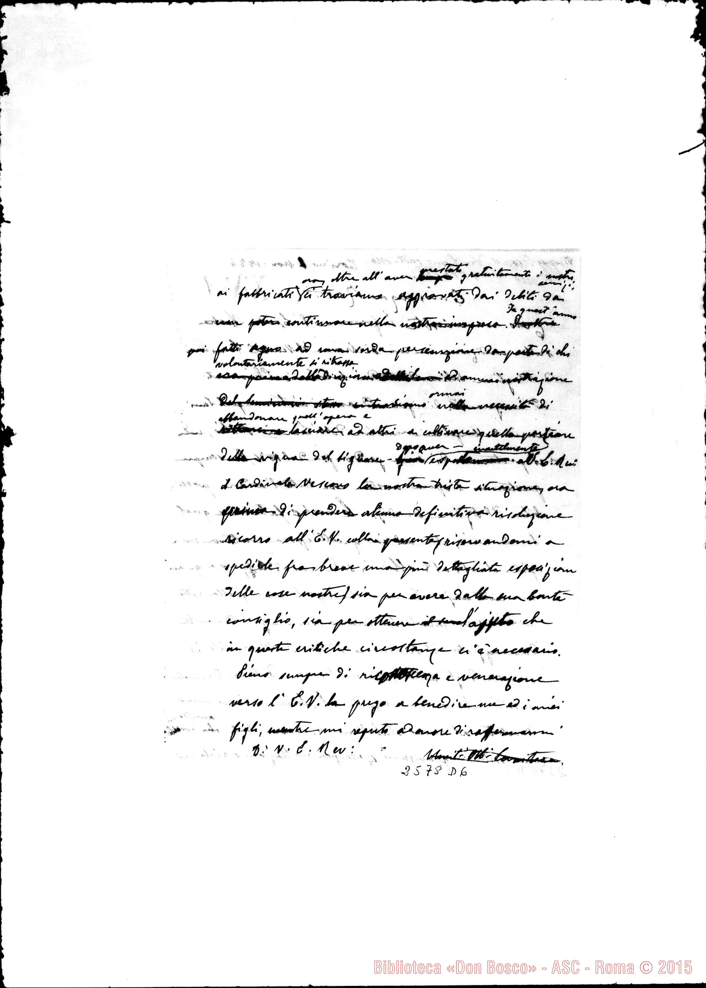 Fotogramma D 6 — Minuta ms. autogr. Rua A Eminenza Rev.ma. Torino, 1-11-1884