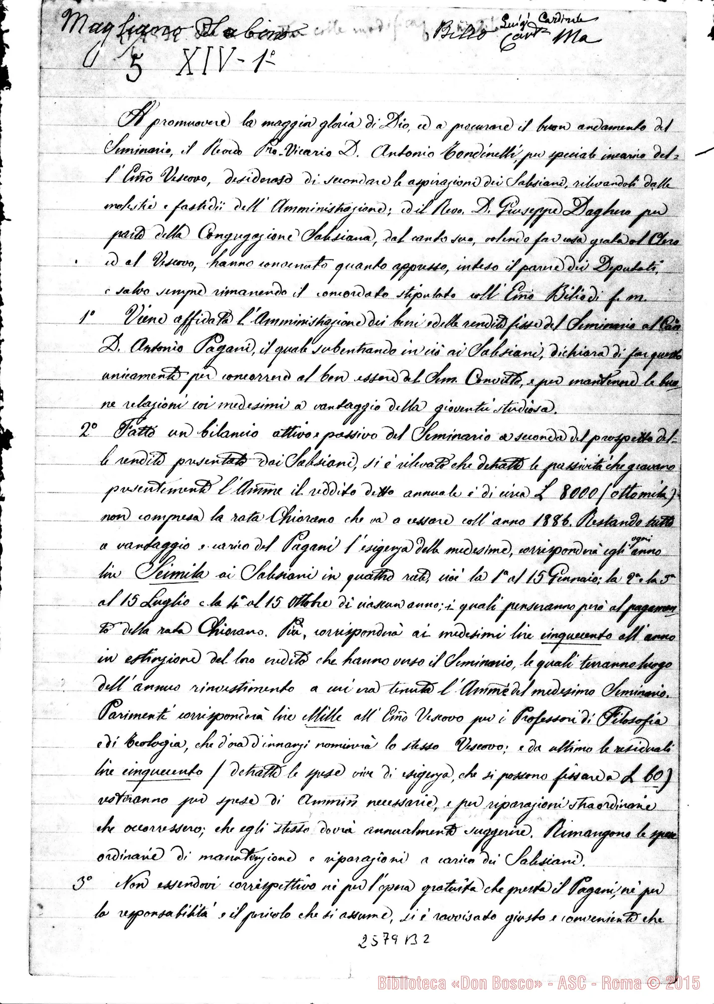 Fotogramma B 2 — Convenzione per ramministrazione del Seminario. 24-01-1885. Autogr. Rua