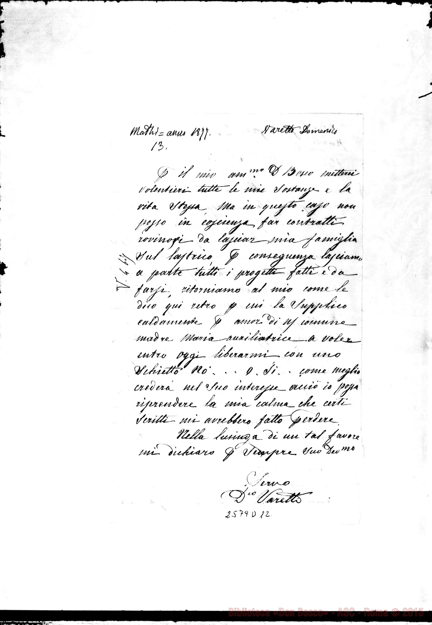 Fotogramma D 12 — Varetti Domenico - Am.mo Padre. Torino, 8-11-1877. Autogr. Bosco