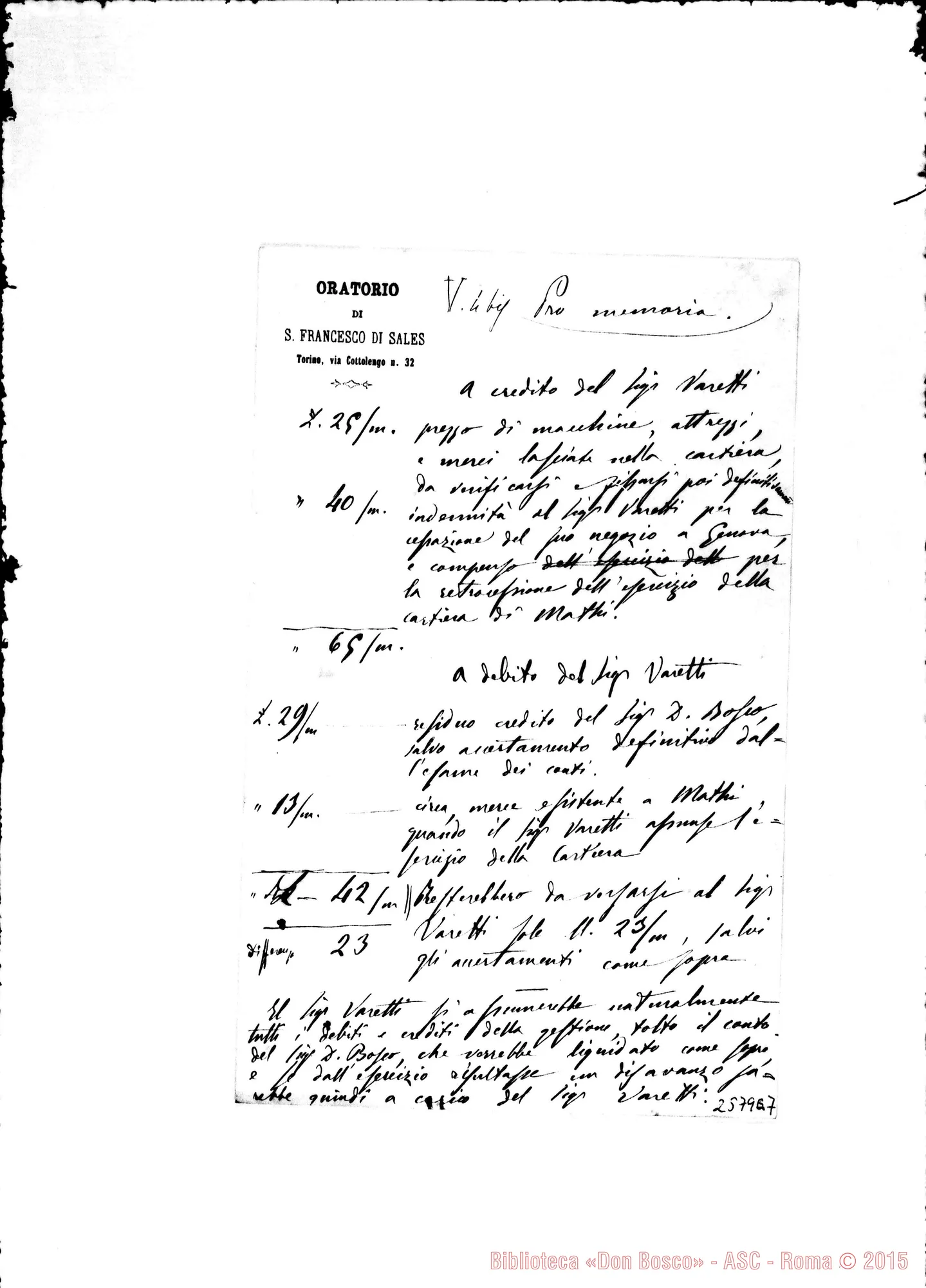 Fotogramma E 7 — Promemoria: A credito E debito del sig. Varetti