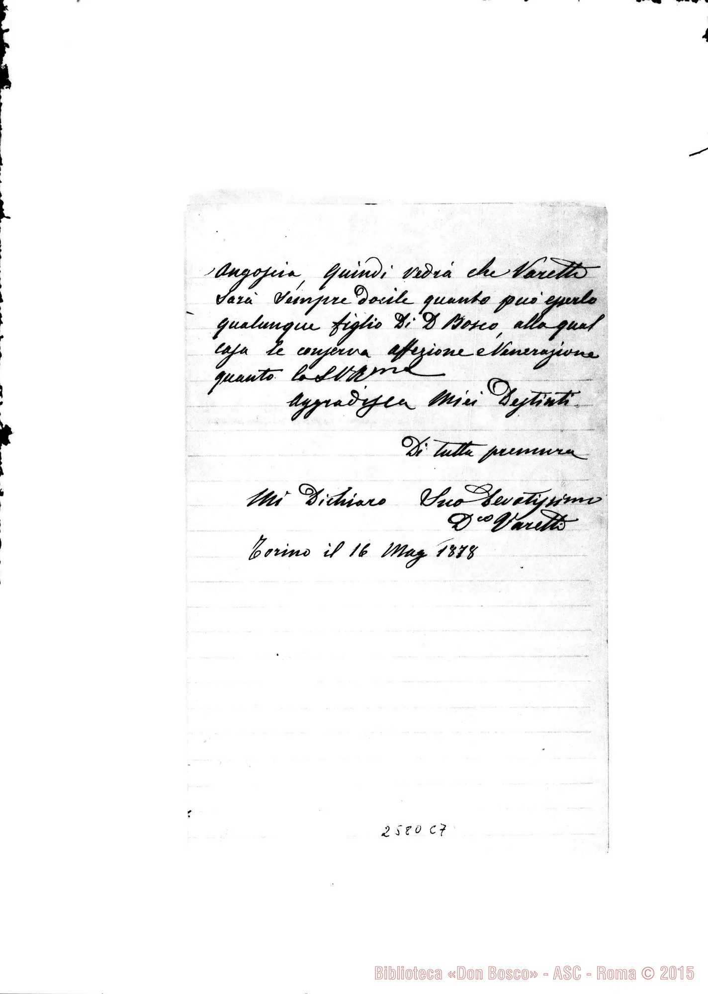 Fotogramma C 7 — Varetti Domenico - D. Rua. Torino, 16-05-1878. Autogr. Bosco
