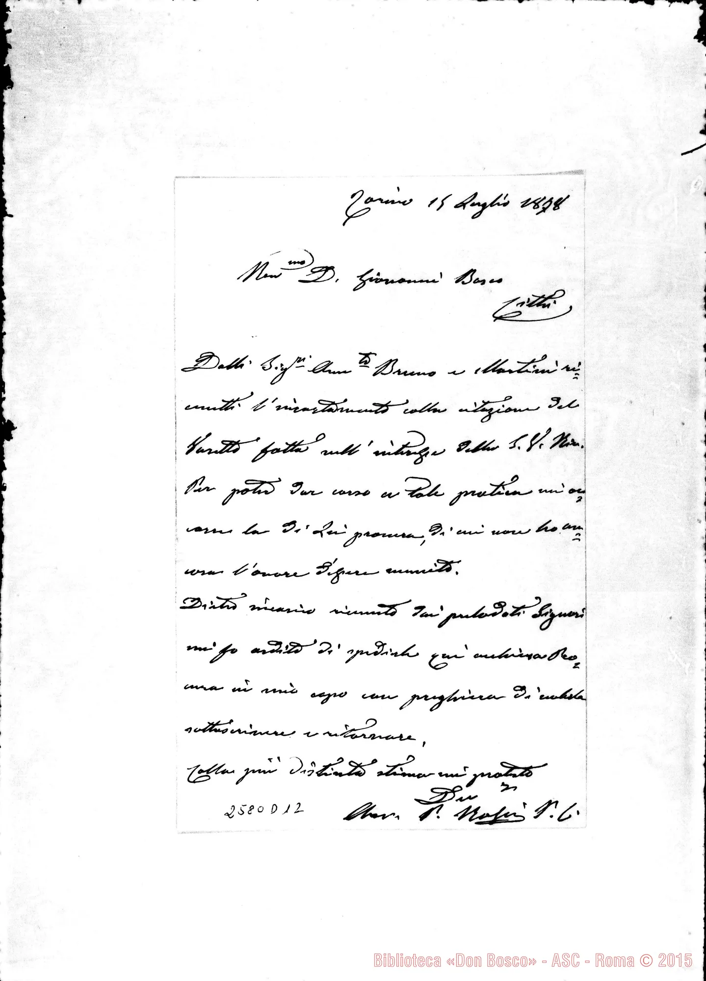 Fotogramma D 12 — Rossi Pietro, Avv. - D. Bosco. Torino, 15-07-1878