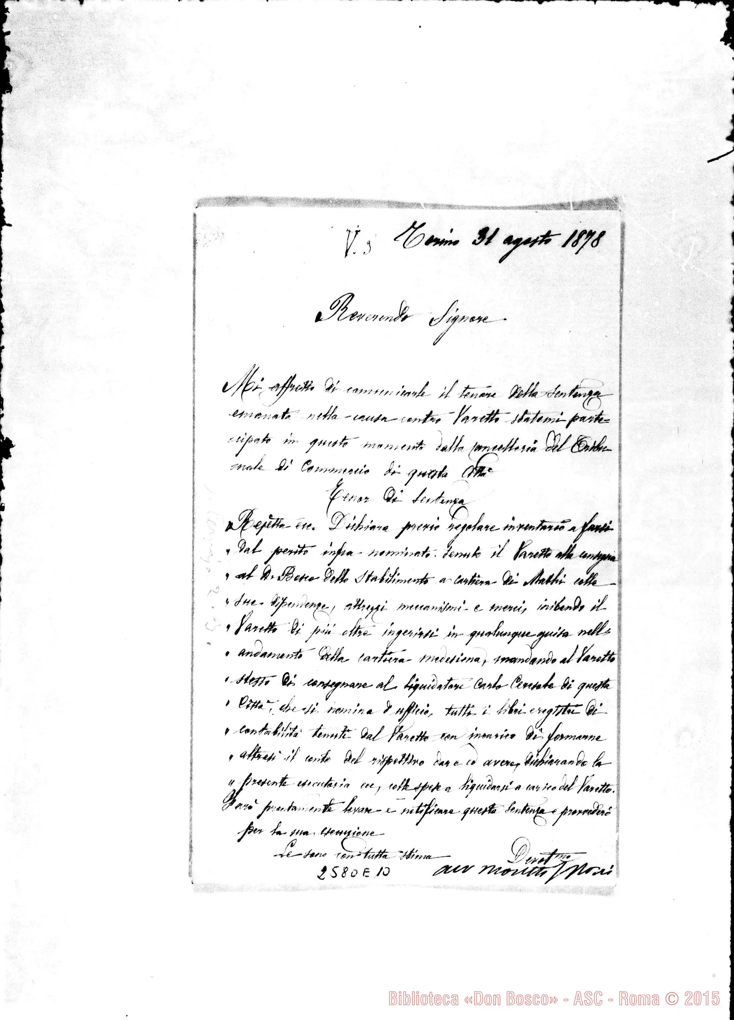 Fotogramma E 10 — Avv. Moretti Rossi - Rev.do Signore. Torino, 31-08-1878