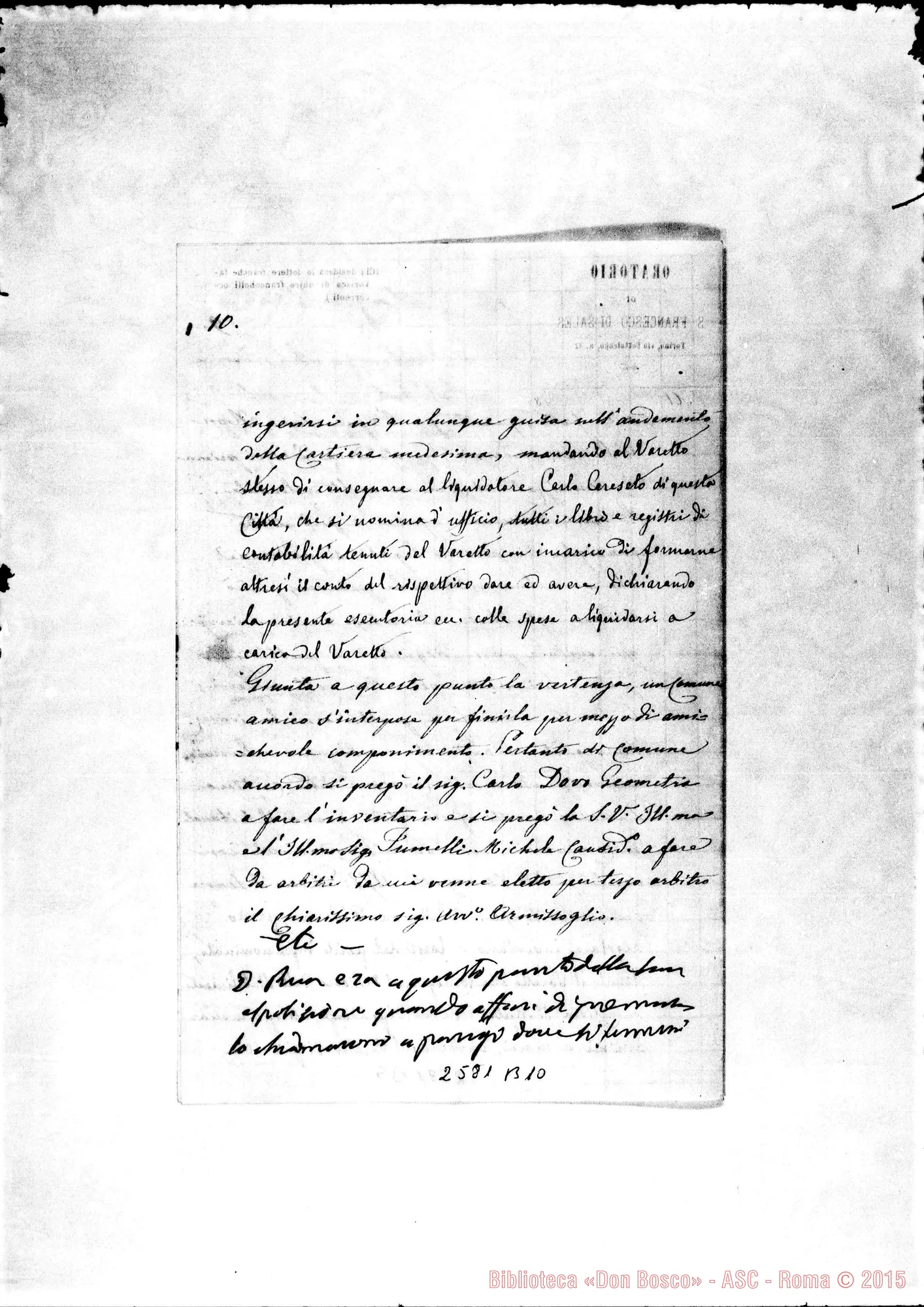 Fotogramma B 10 — Minuta A Ill.mo. Ms. autogr. Rua con aggiunte E correz. autogr. Bosco