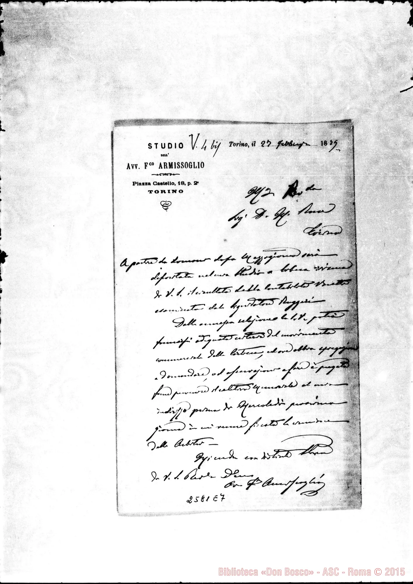 Fotogramma E 7 — Armissoglio, Avv. - D. Rua. Torino, 27-02-1879