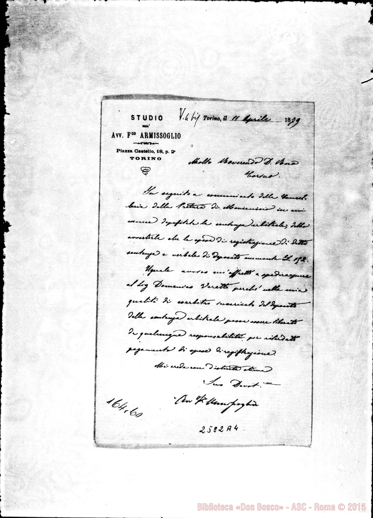 Fotogramma A 4 — Armissoglio, Avv. - D. Rua. Torino, 11-04-1879