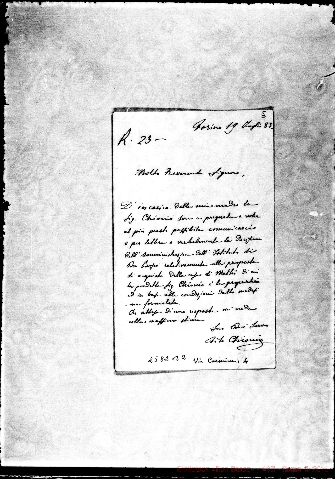Fotogramma B 2 — Chionio - Rev.do Signore. Torino, 19-07-1883. Autogr. Bosco