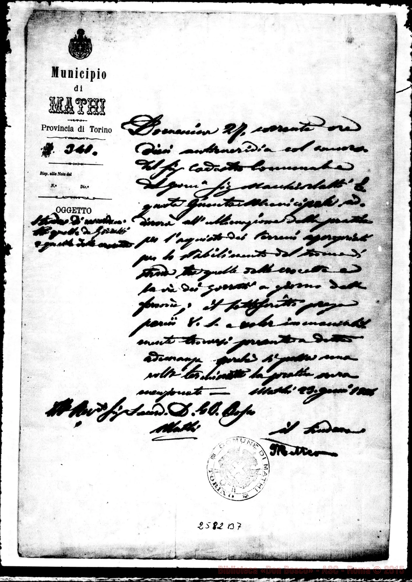 Fotogramma B 7 — Sindaco di Mathi, D. Bosco. Mathi, 23-01-1884