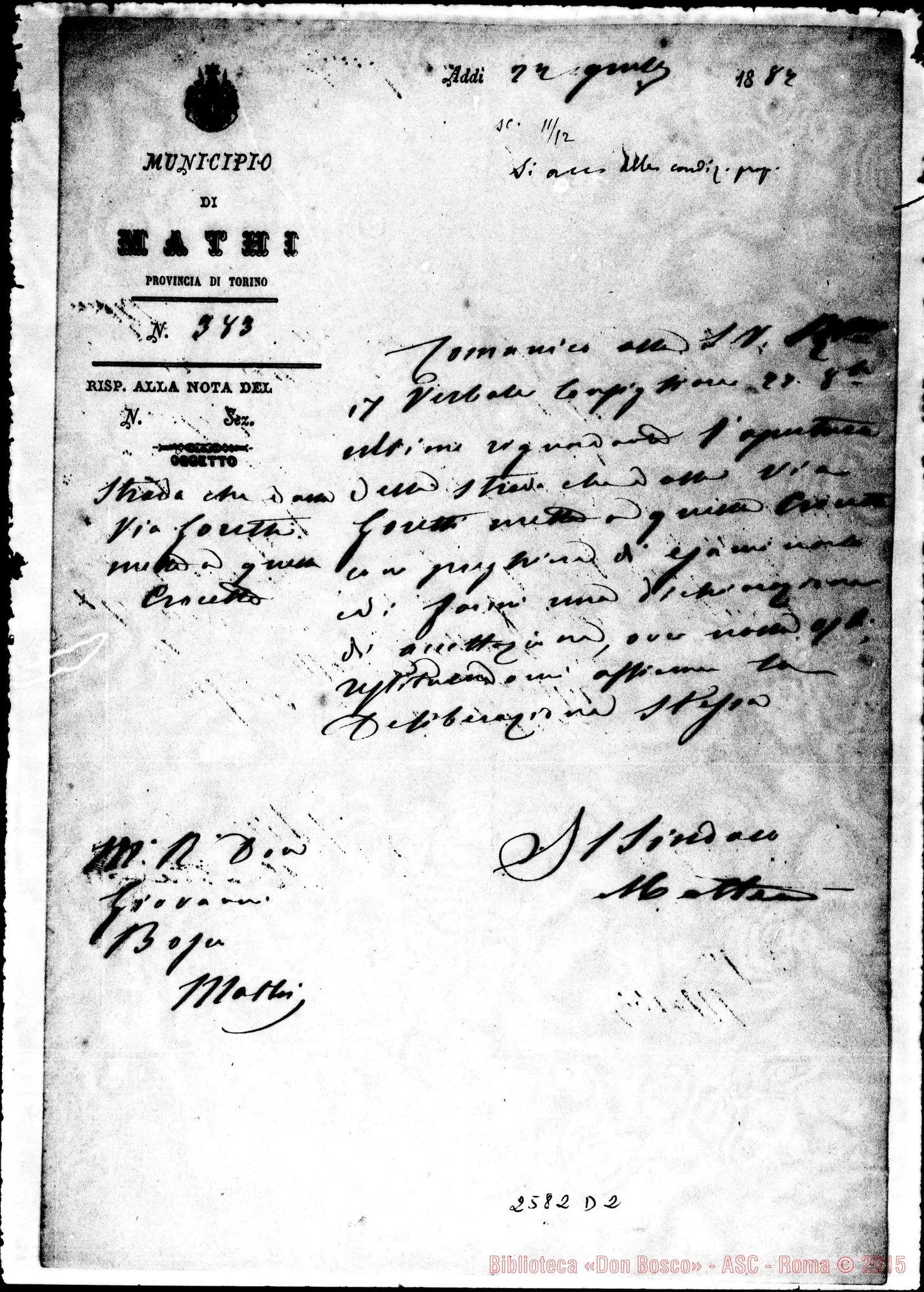Fotogramma D 2 — Sindaco di Mathi - D. Bosco. Mathi, 22-11-1885. Autogr. Rua