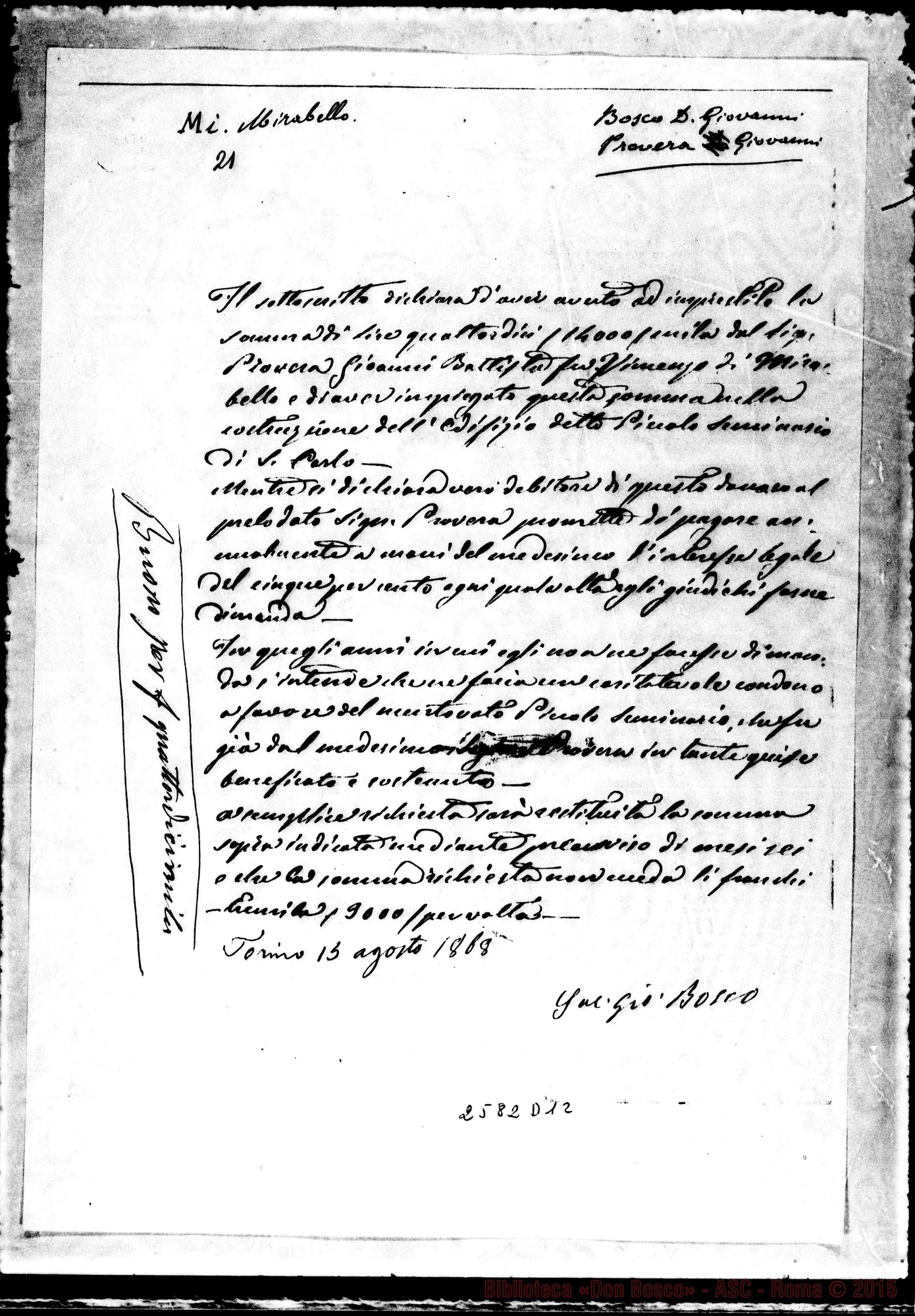 Fotogramma D 12 — Ricevuta rilasciata da Don Bosco. Ms. d’altro con firma E autogr. Bosco