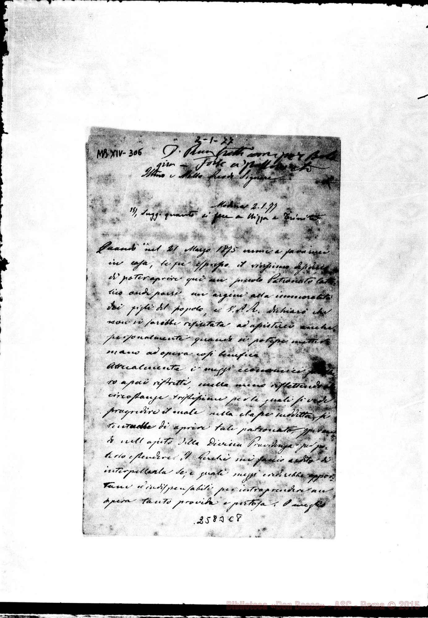 Fotogramma C 8 — Tarabini Ponziano, conte - Rev.do Signore. Modena, 2-01-1877. Autogr. Bosco E Rua