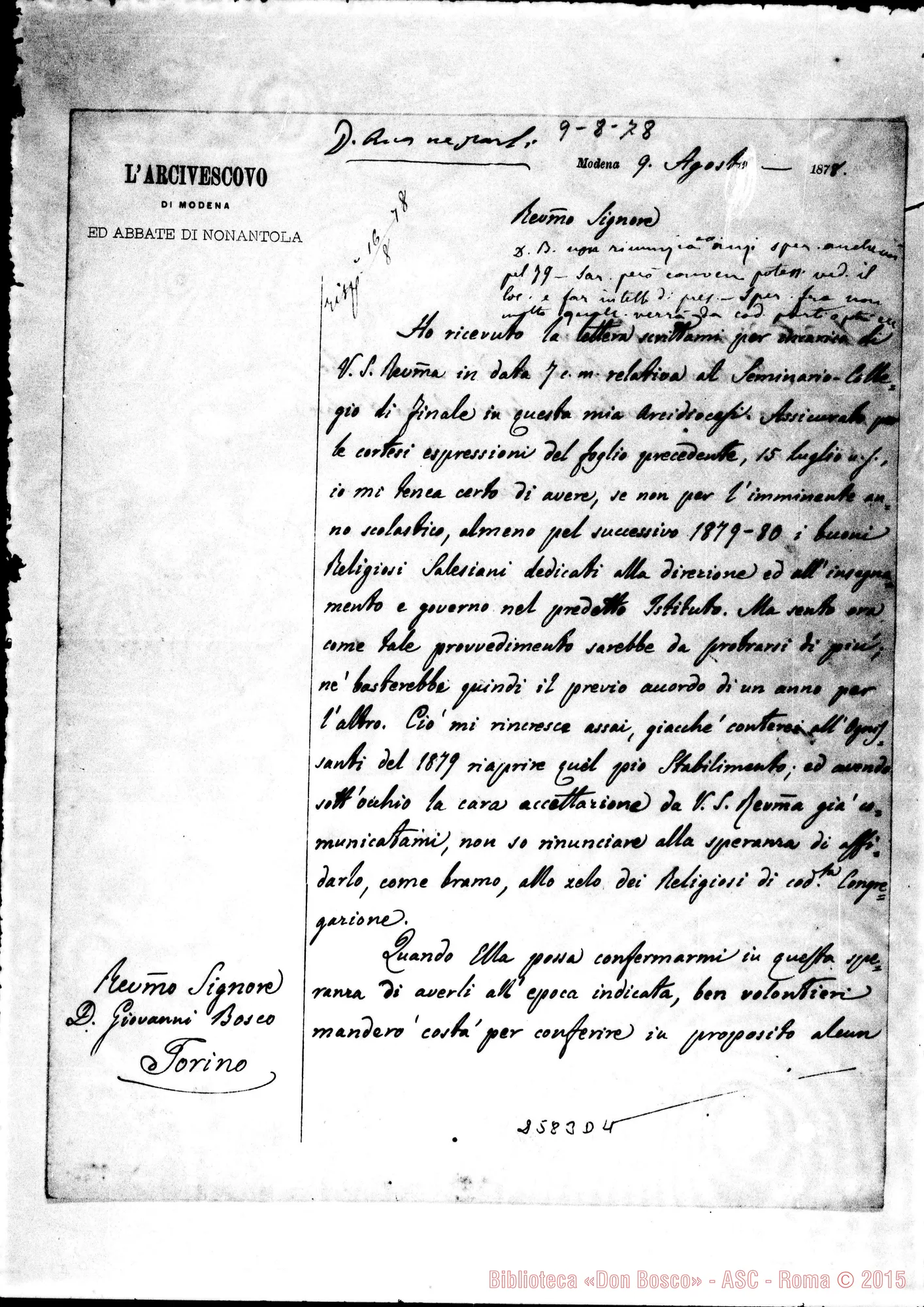 Fotogramma D 4 — Arciv. di Modena - D. Bosco. Modena, 9-08-1878. Autografi Bosco E Rua
