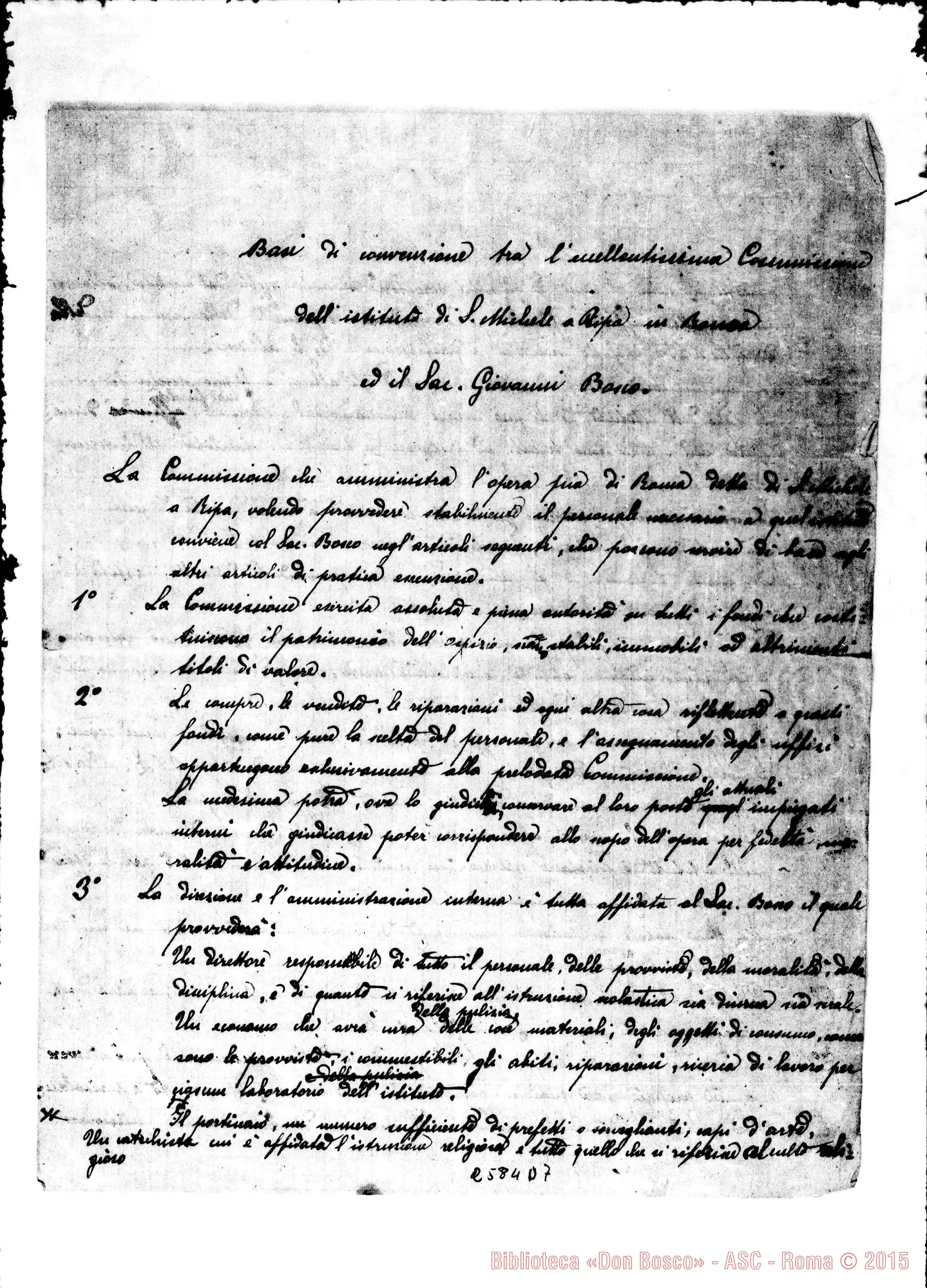 Fotogramma D 7 — Basi di convenzione tra la Commissione E D. Bosco. Ms.