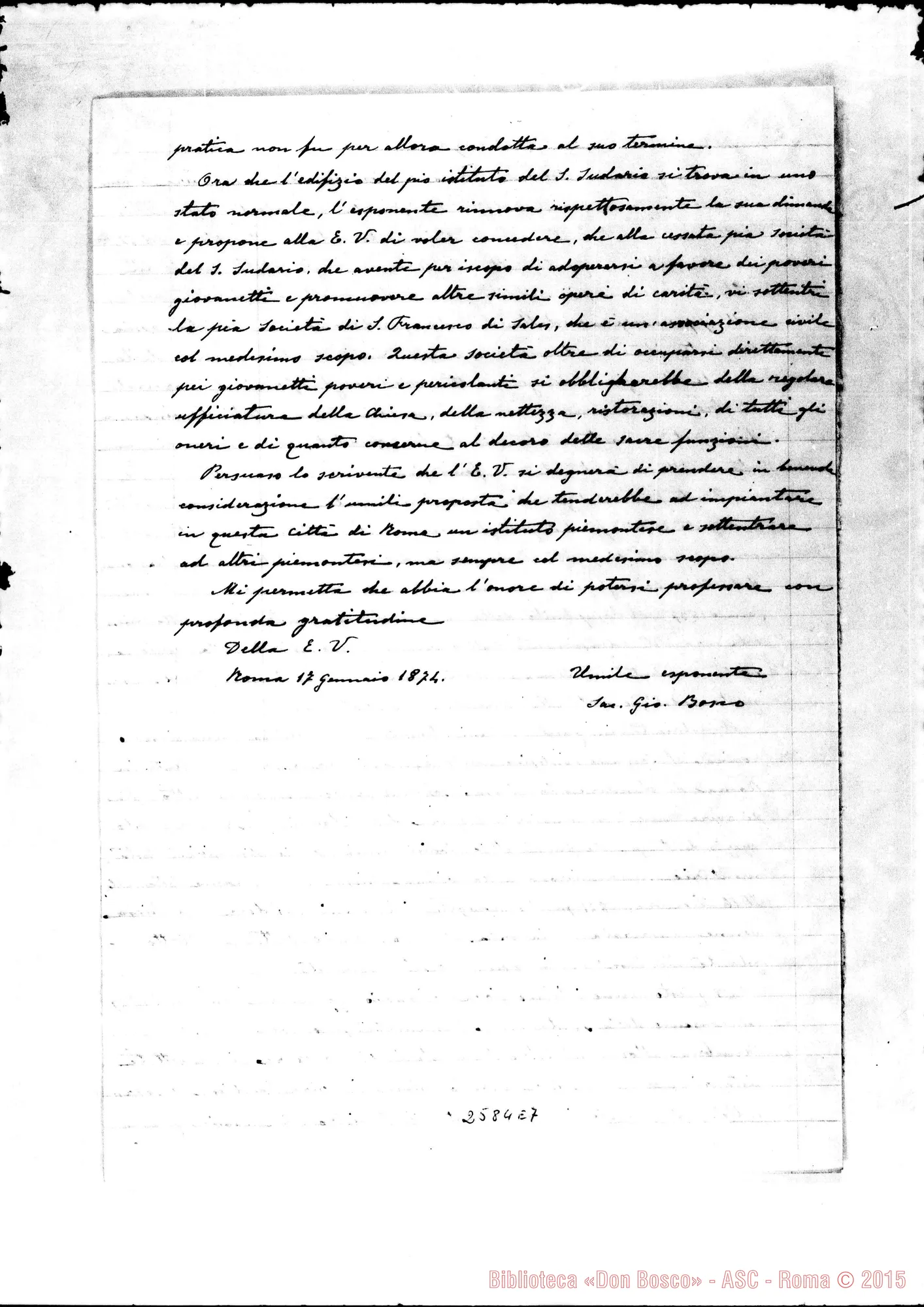 Fotogramma E 7 — Copia di lettera di D. Bosco A Eccellenza. Roma, 17-01-1874