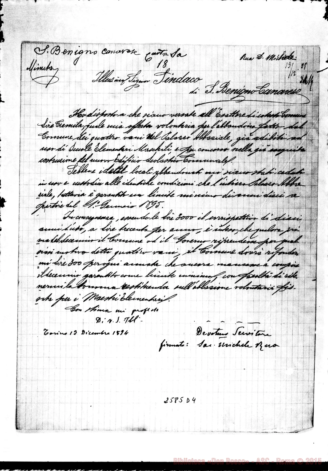 Fotogramma D 4 — D. Rua - Sindaco di S.Benigno. Torino, 13-12-1894. Minuta ms. d’altro con firma e data autogr. Rua
