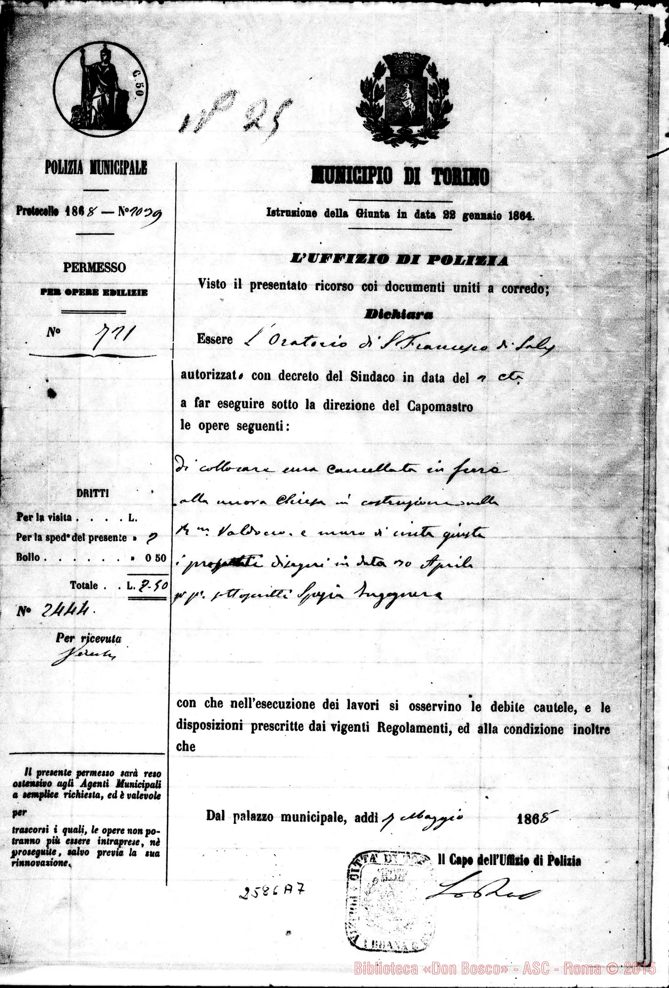 Fotogramma A 7 — Permesso di opere edilizie. Torino, 7-05-1868