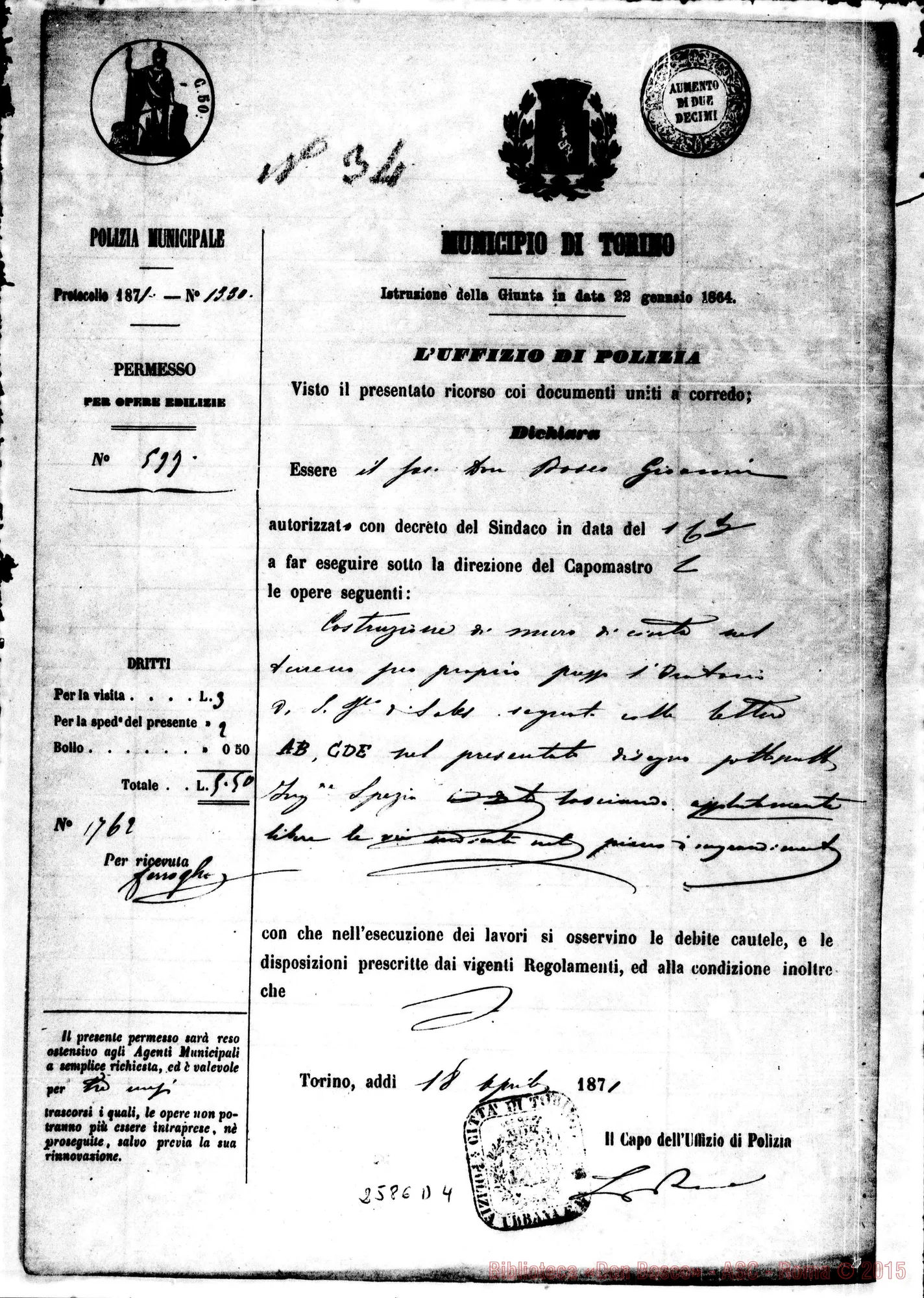 Fotogramma D 4 — Permesso per opere edilizie. Torino, 18-04-1871