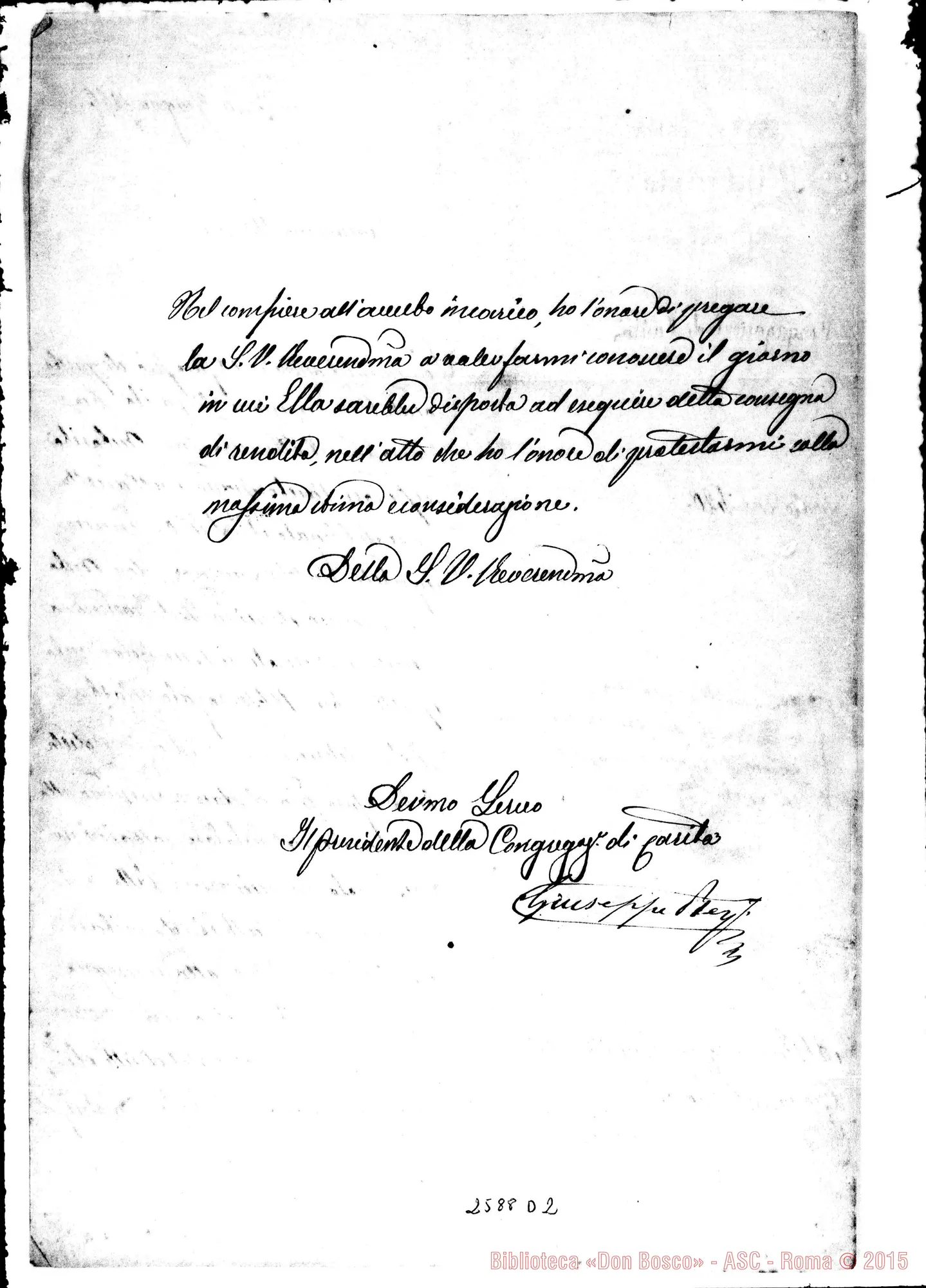 Fotogramma D 2 — Congregazione di Carità, presidente. Lettera A Don Bosco per un legato di 420 lire. Autogr. Bosco al margine. Anche autogr. Rua