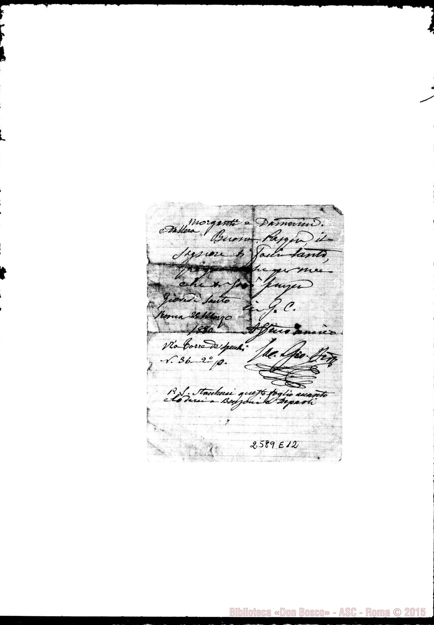 Fotogramma E 12 — Lettera di D. Berto Giachino - Franchino. Roma, 25-03-1880