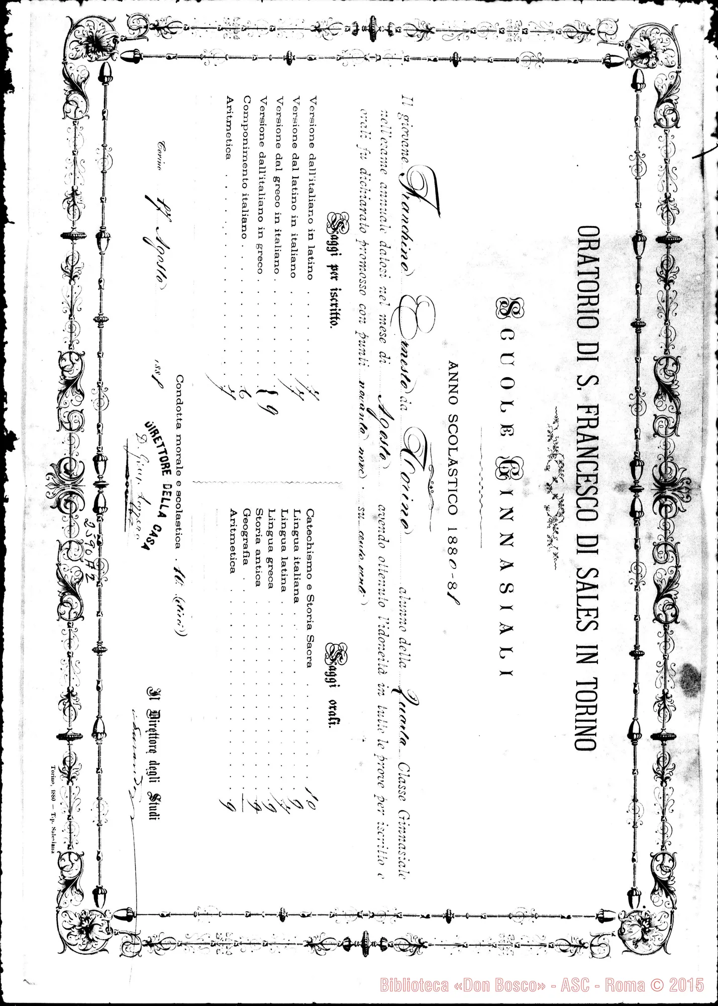 Fotogramma A 2 — Voti nella Quarta Ginnasiale. 1881