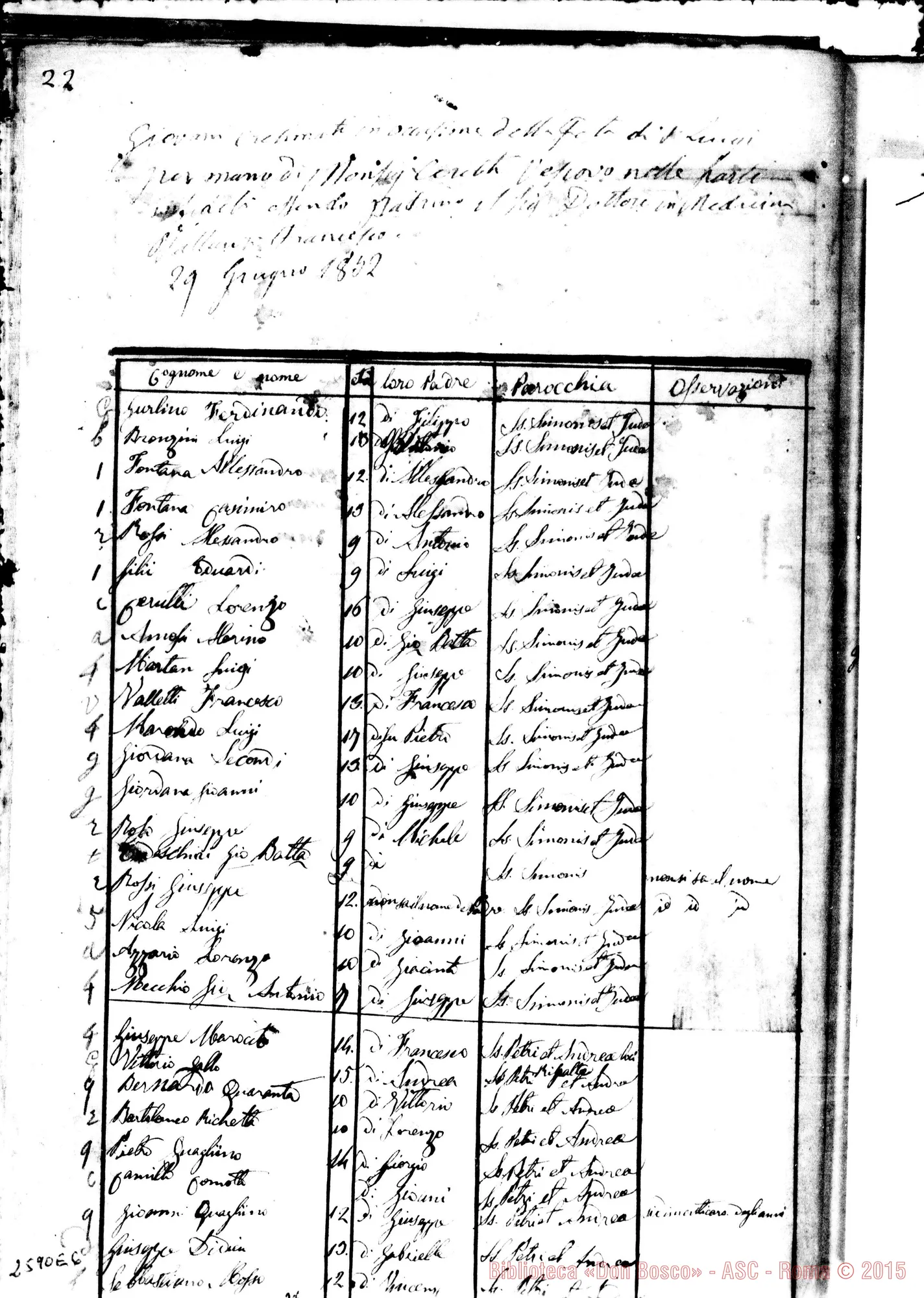 Fotogramma E 6 — Elenco di giovani cresimati nel 1852. Intestato con ms. autogr. Bosco