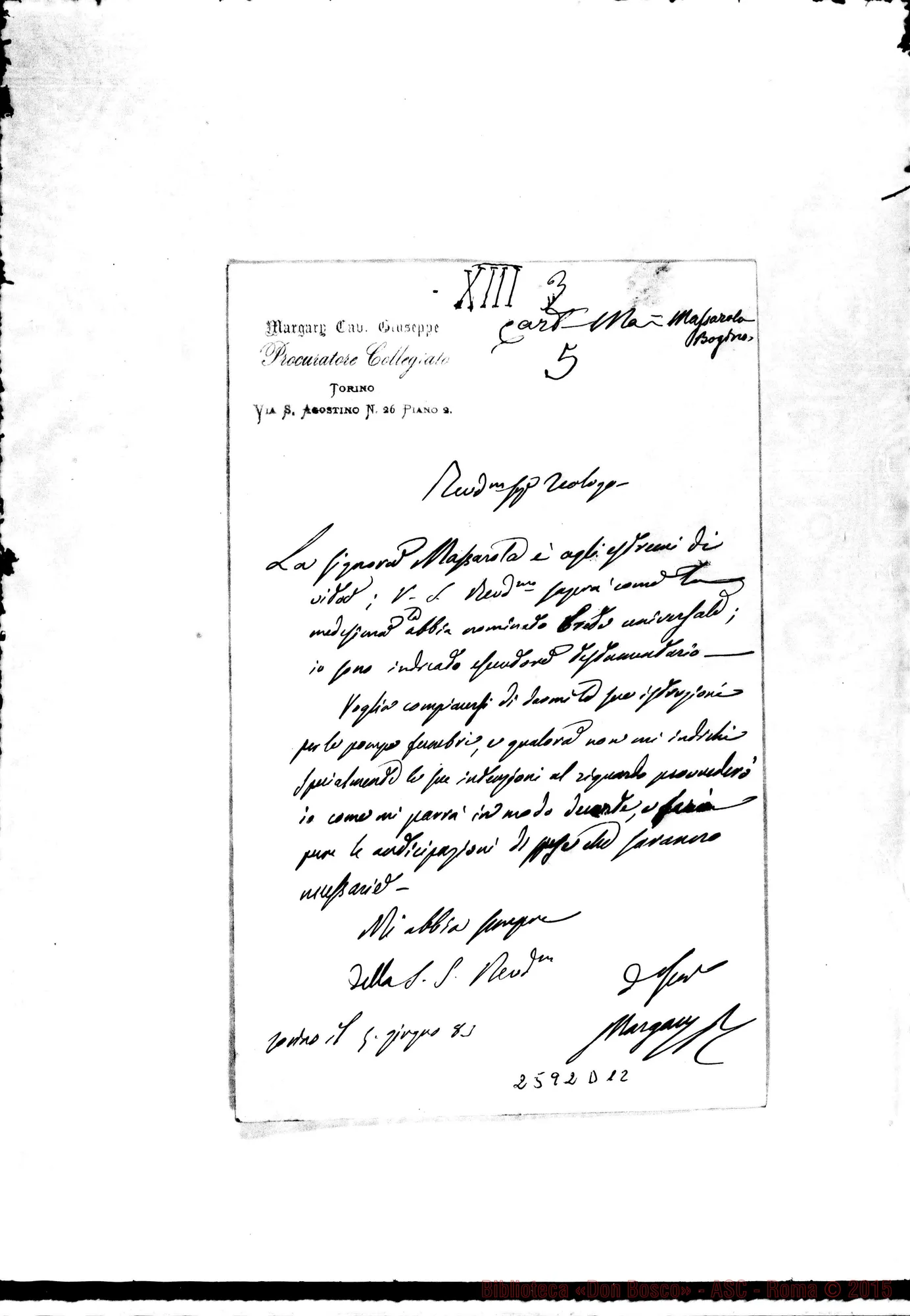 Fotogramma D 12 — Margaro Giuseppe - Rev.mo Teologo. Torino, 5-06-1883