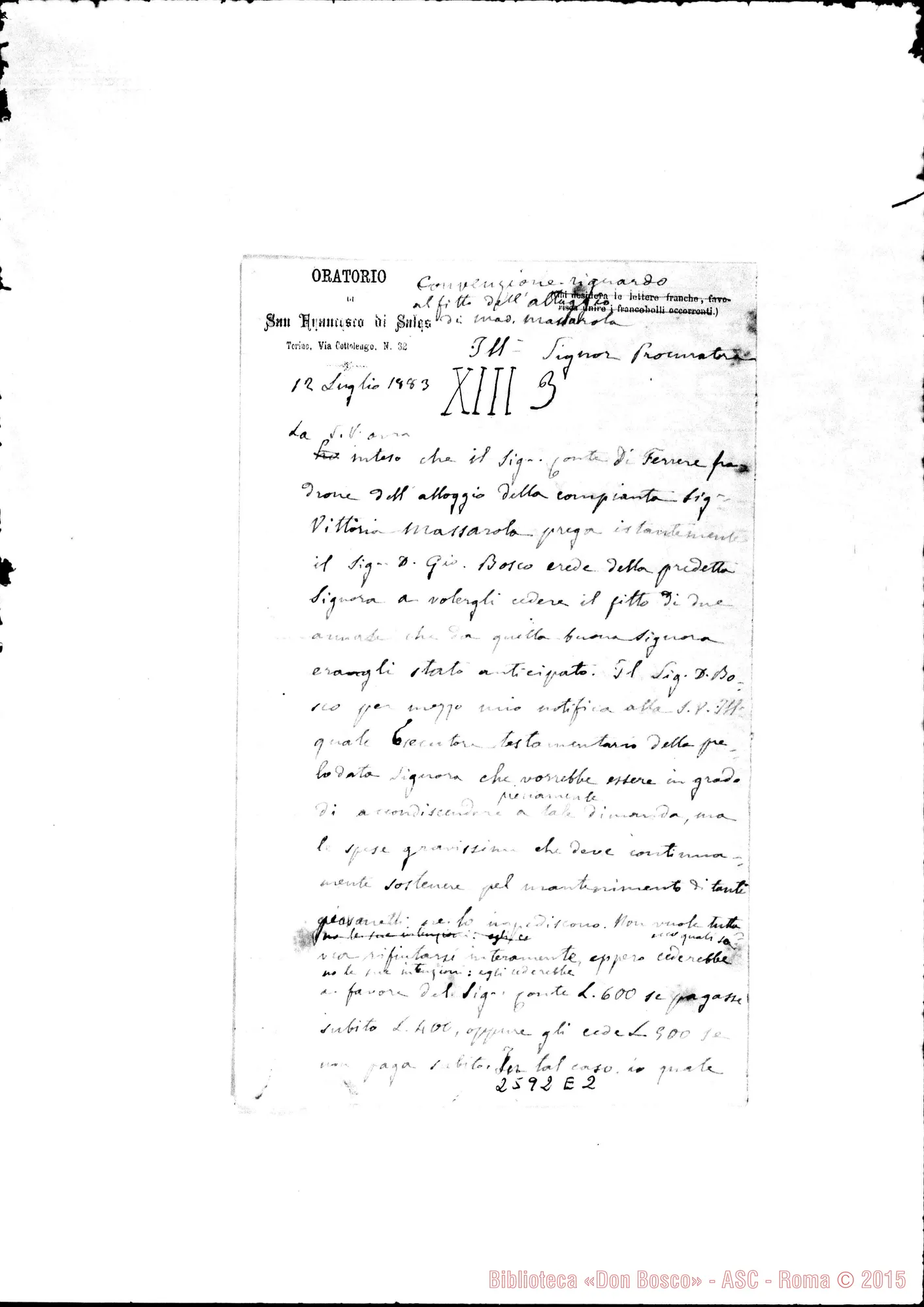 Fotogramma E 2 — D. Rua - Ill.mo Procuratore. 12-07-1883. Minuta di lettera ms. autogr. Rua