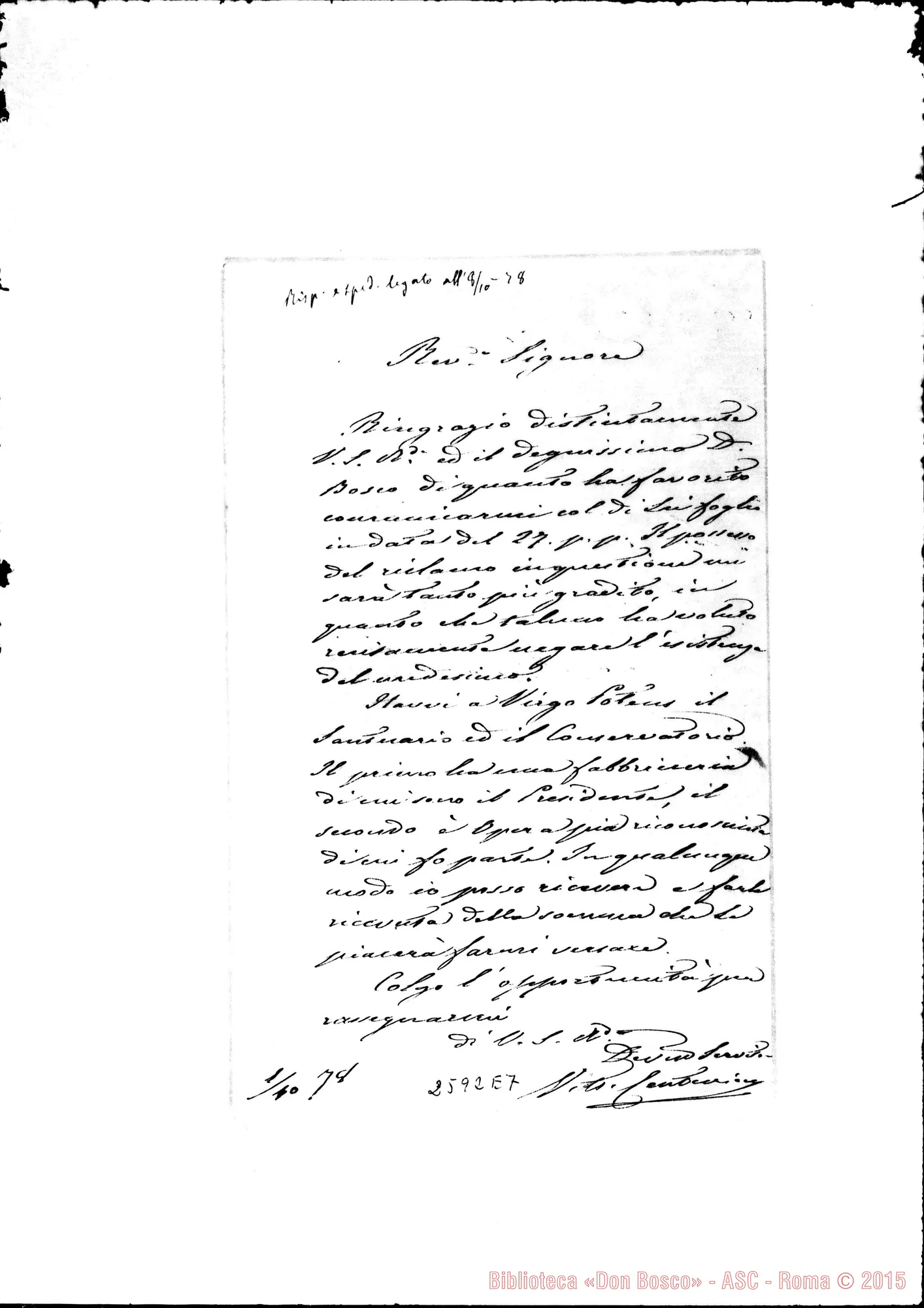 Fotogramma E 7 — Megiovanni Claudio: Centurione Vito - Rev.do Signore. 1-10-1878. Autogr. Rua