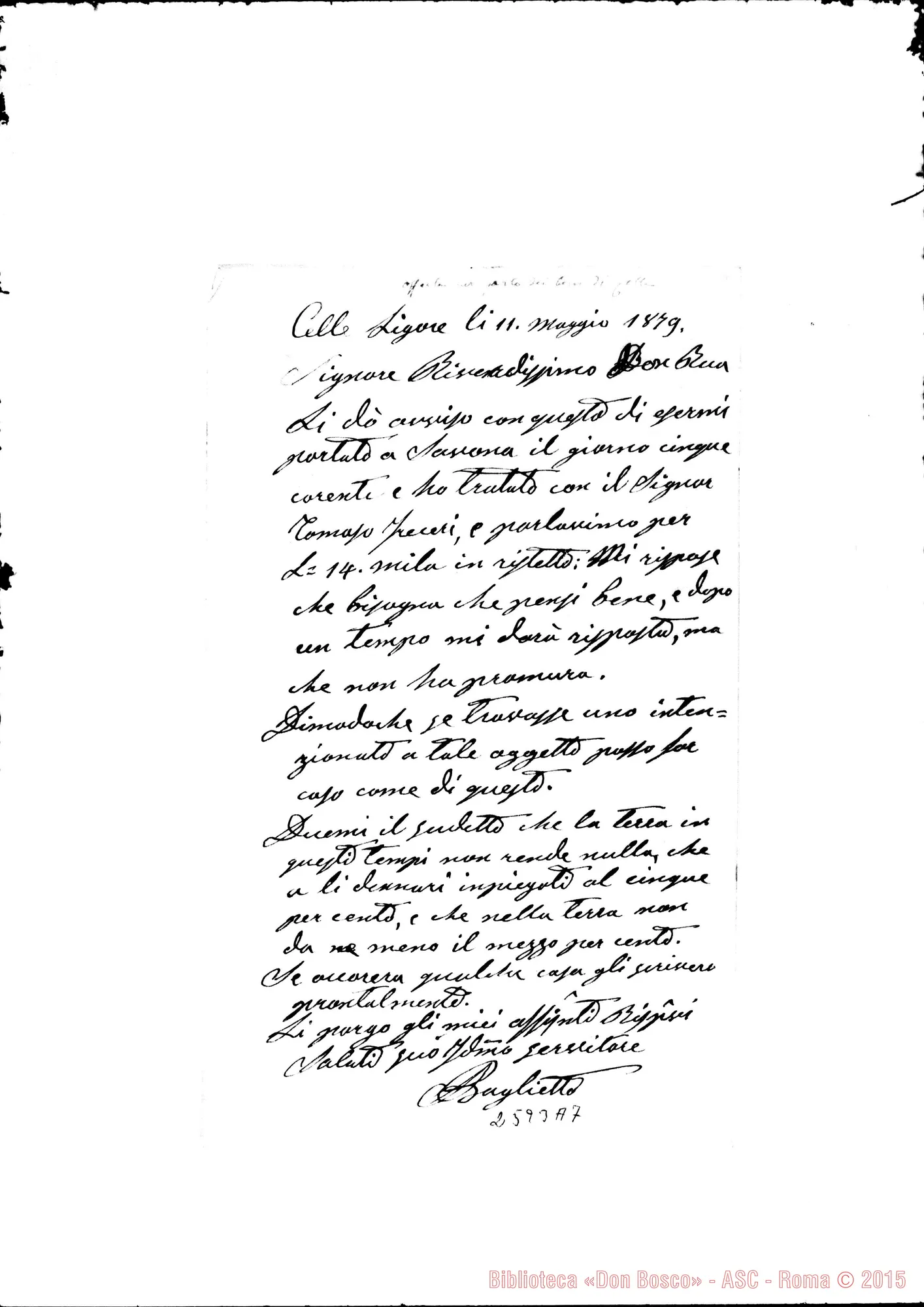 Fotogramma A 7 — Baglietto - D. Rua. Celle Ligure, 11-05-1879. Autogr. Rua