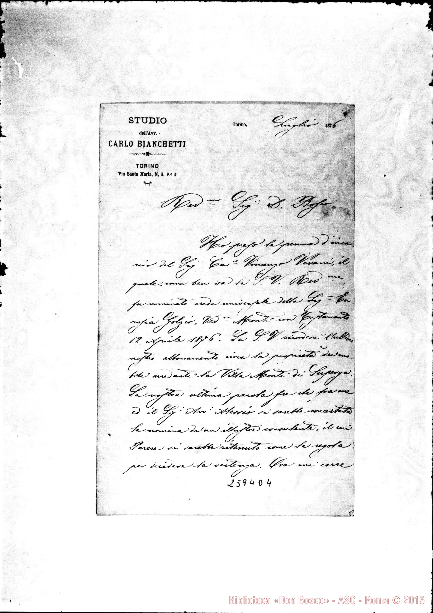 Fotogramma D 4 — Bianchetti Carlo - D. Bosco. Torino, -07-1876. Autogr. Bosco