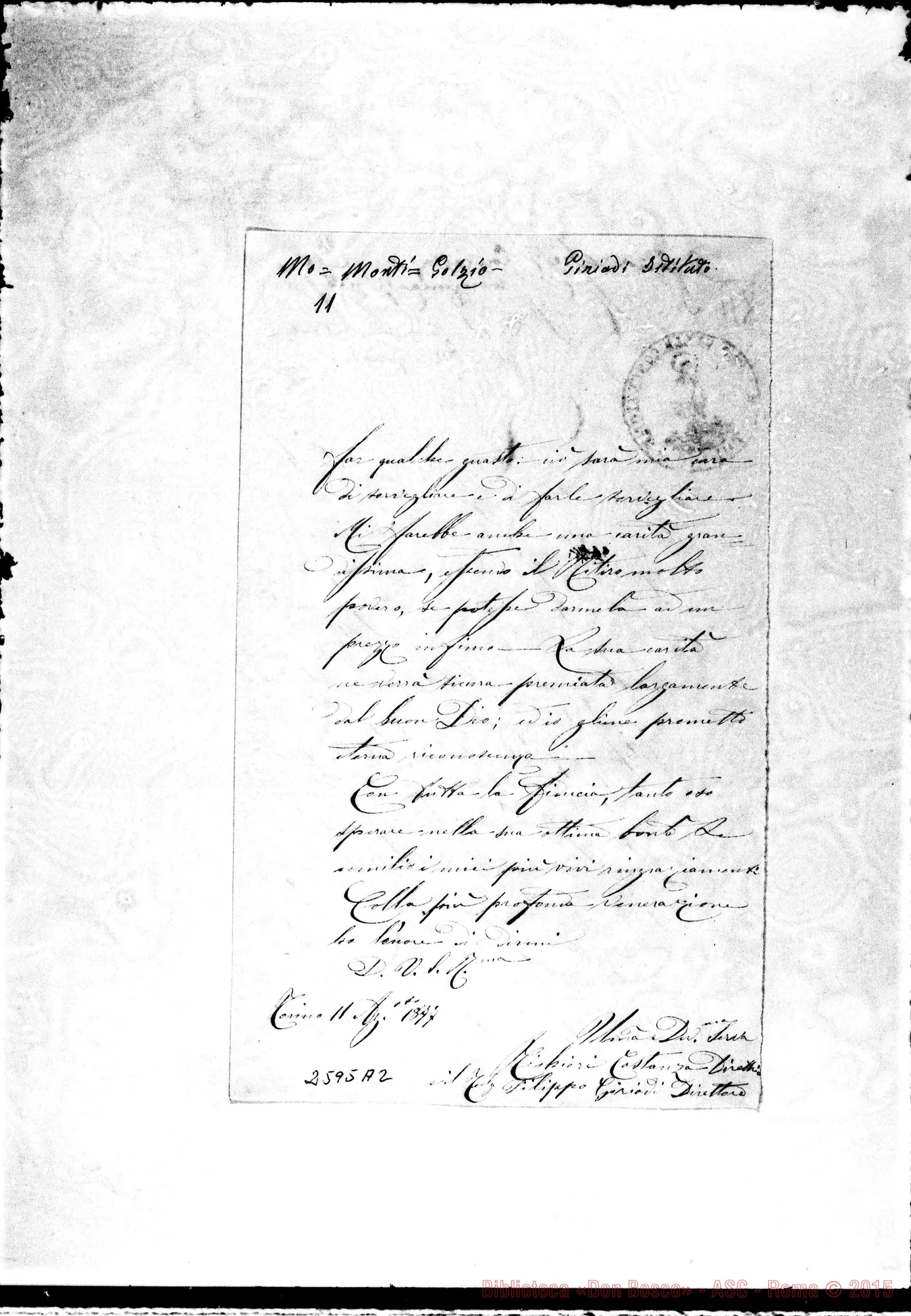 Fotogramma A 2 — Istituto Giriodi - D. Bosco. Torino, 11-08-1877. Autogr. Bosco E Rua