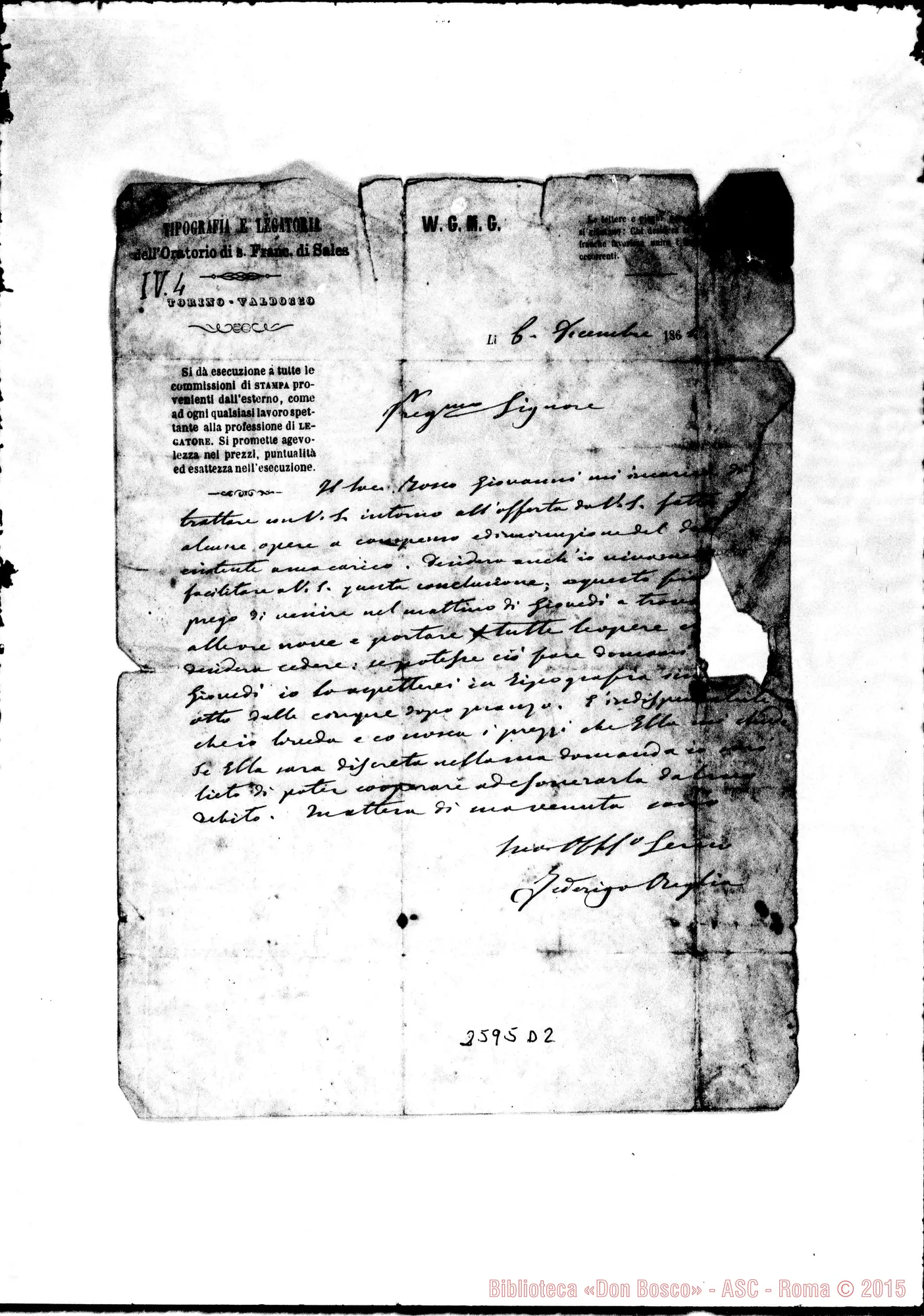 Fotogramma D 2 — Musso Pietro, professore: Lettera al cav. Oreglia Federico. Torino, 6-12-1864