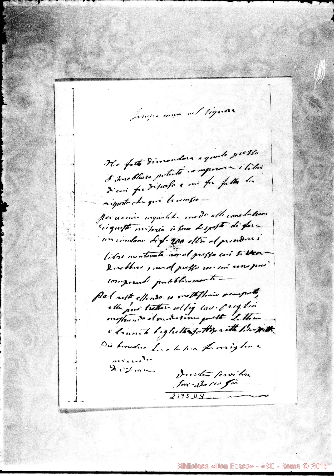 Fotogramma D 4 — Don Bosco - Musso. 20-02-1865. Lettera autogr. Bosco in fotocopia.