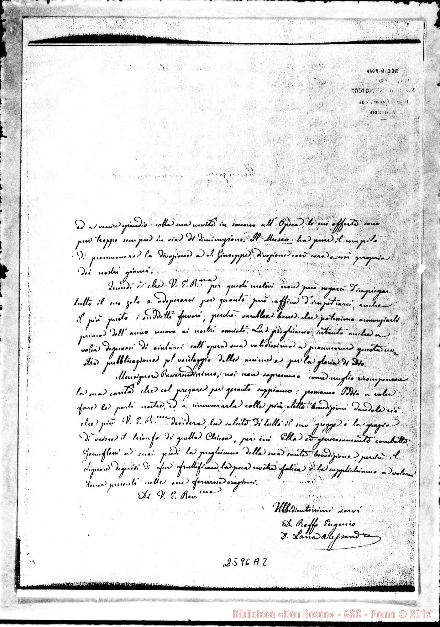 Fotogramma A 2 — Reffo Eugenio: Lettera A Mons. Ghilardi, vesc. di Mondovì. Torino, 4-12-1866