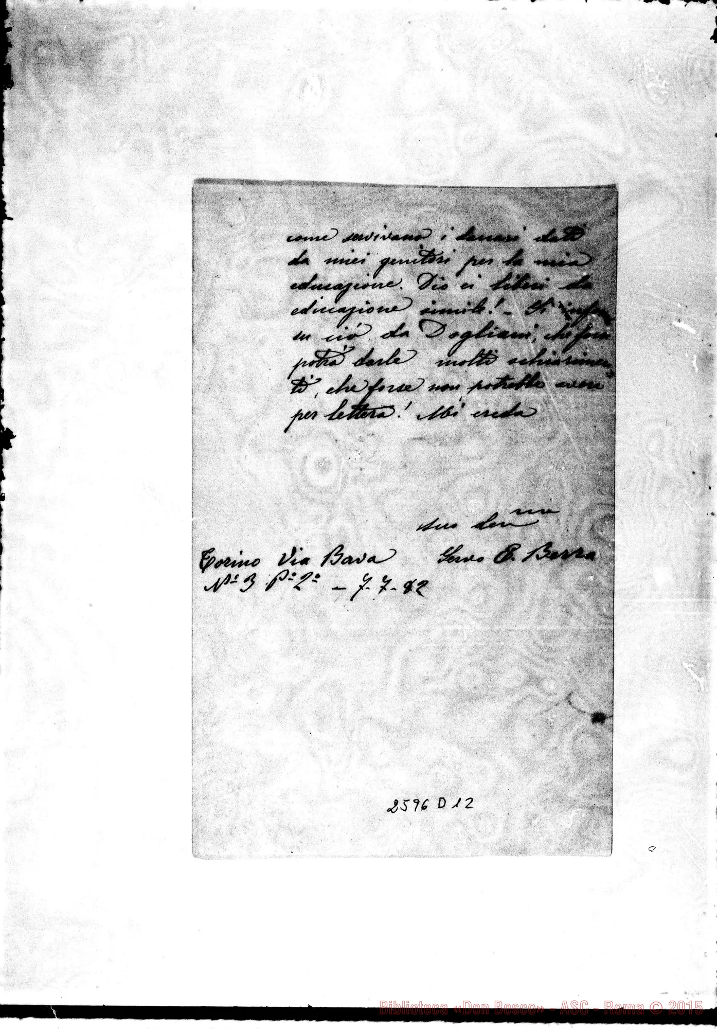 Fotogramma D 12 — Berrà Eligio - Rev.do Signore. Torino, 7-07-1882