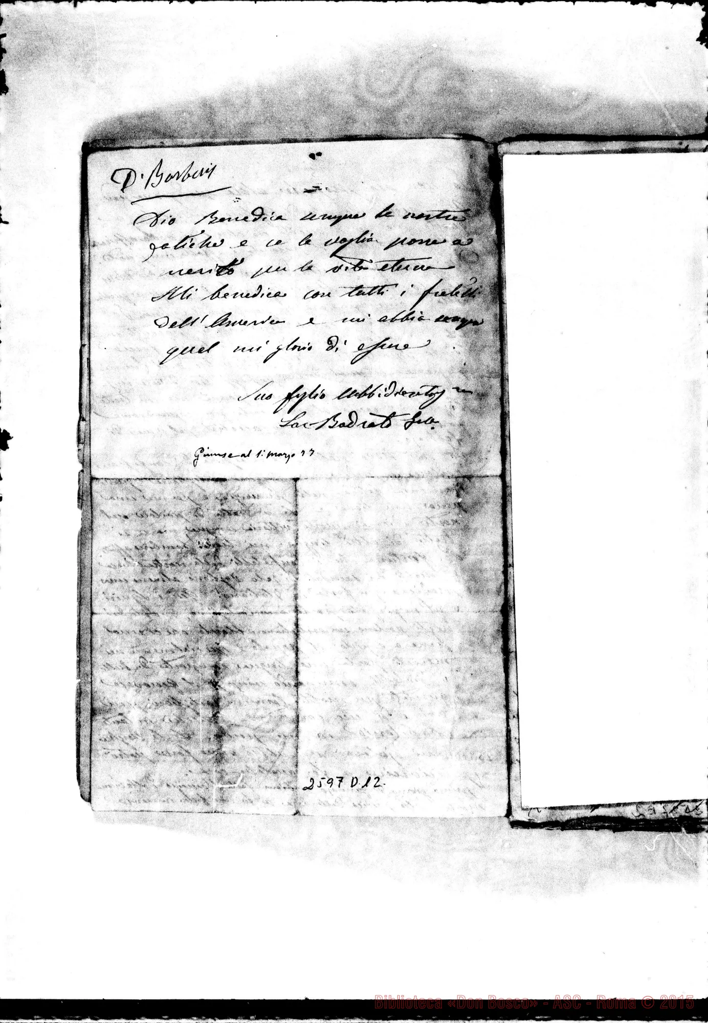 Fotogramma D 12 — Bodrato - D. Bosco. Buenos Aires, 20-01-1877. Autogr. Bosco