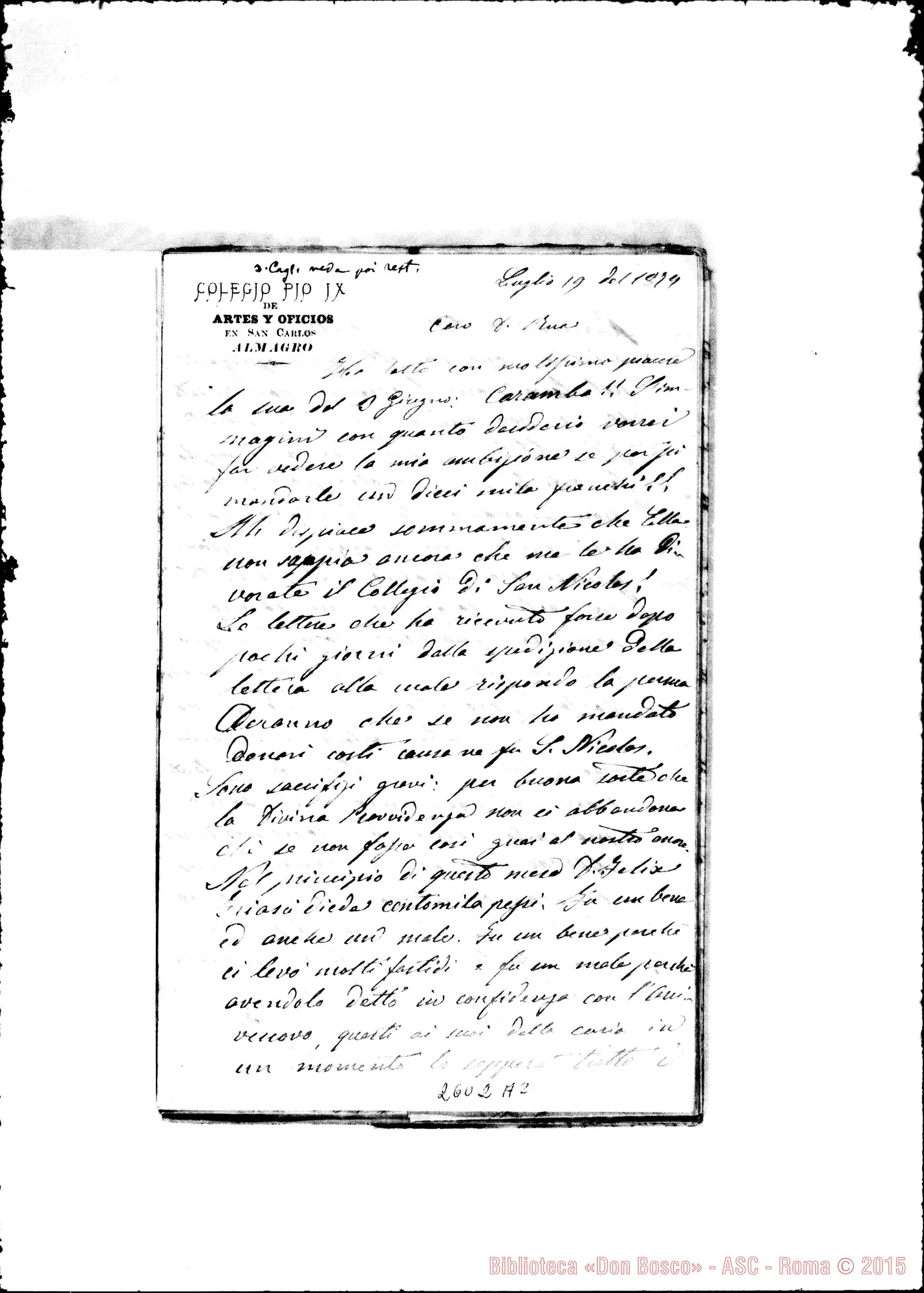 Fotogramma A 2 — Bodrato - D. Rua. Almagro, 19-07-1879. Autogr. Rua