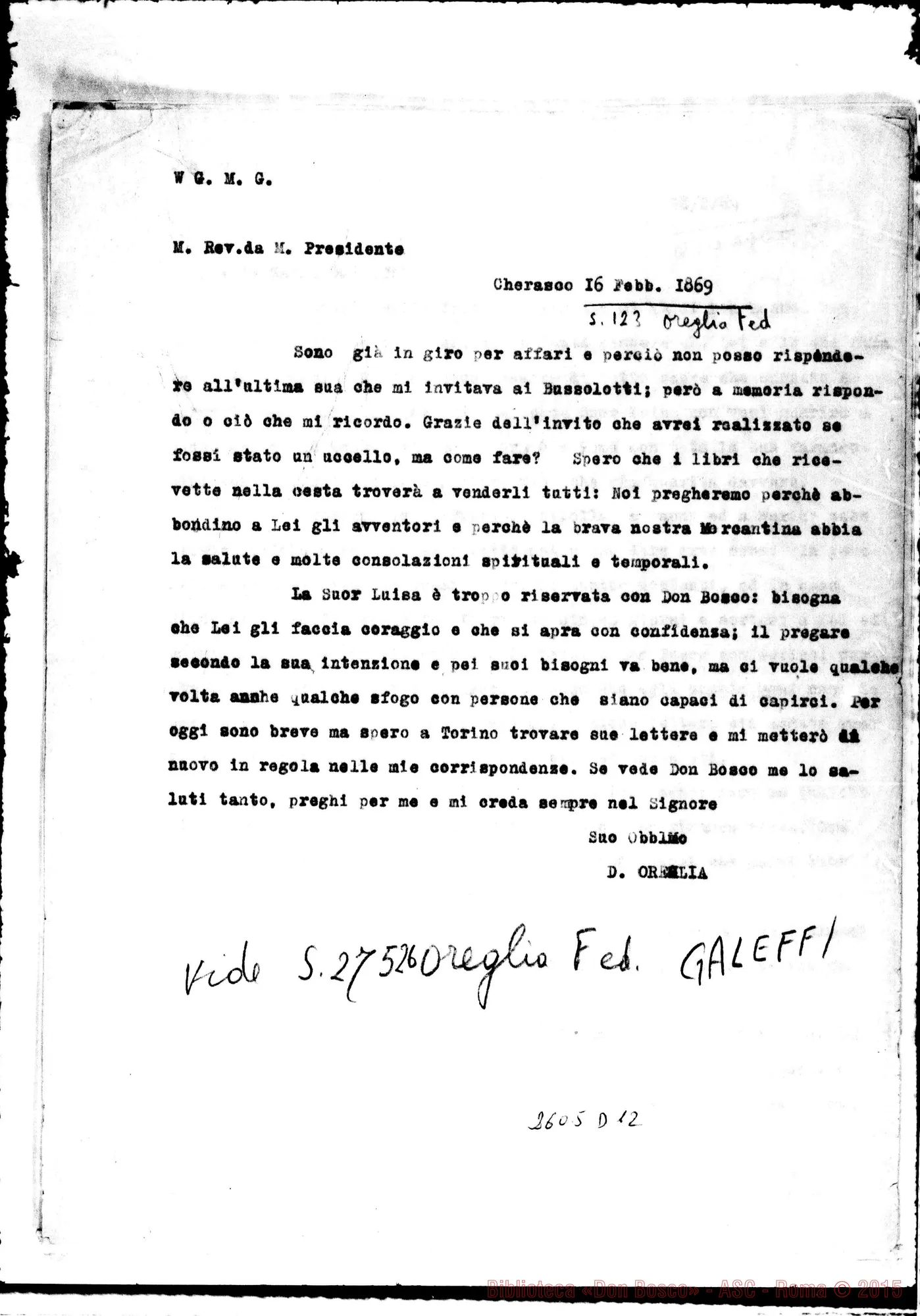 Fotogramma D 12 — Oreglia - Madre Galeffi. Copia dattiloscritta. Cherasco, 16-02-1869