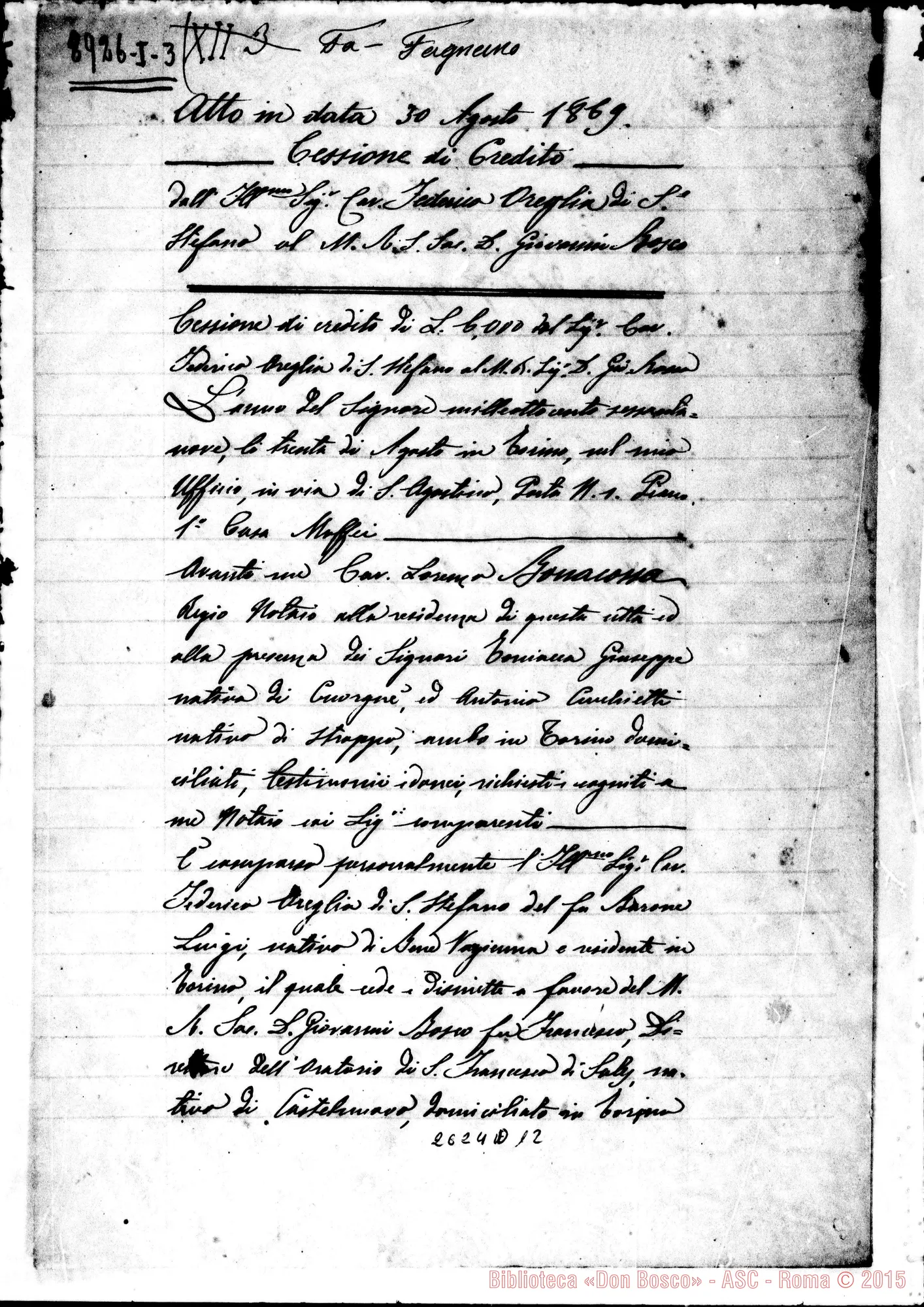Fotogramma D 12 — Oreglia: atto di Cessione di Credito dal Cav. Oreglia Federico di S. Stefano A Don Giovanni Bosco