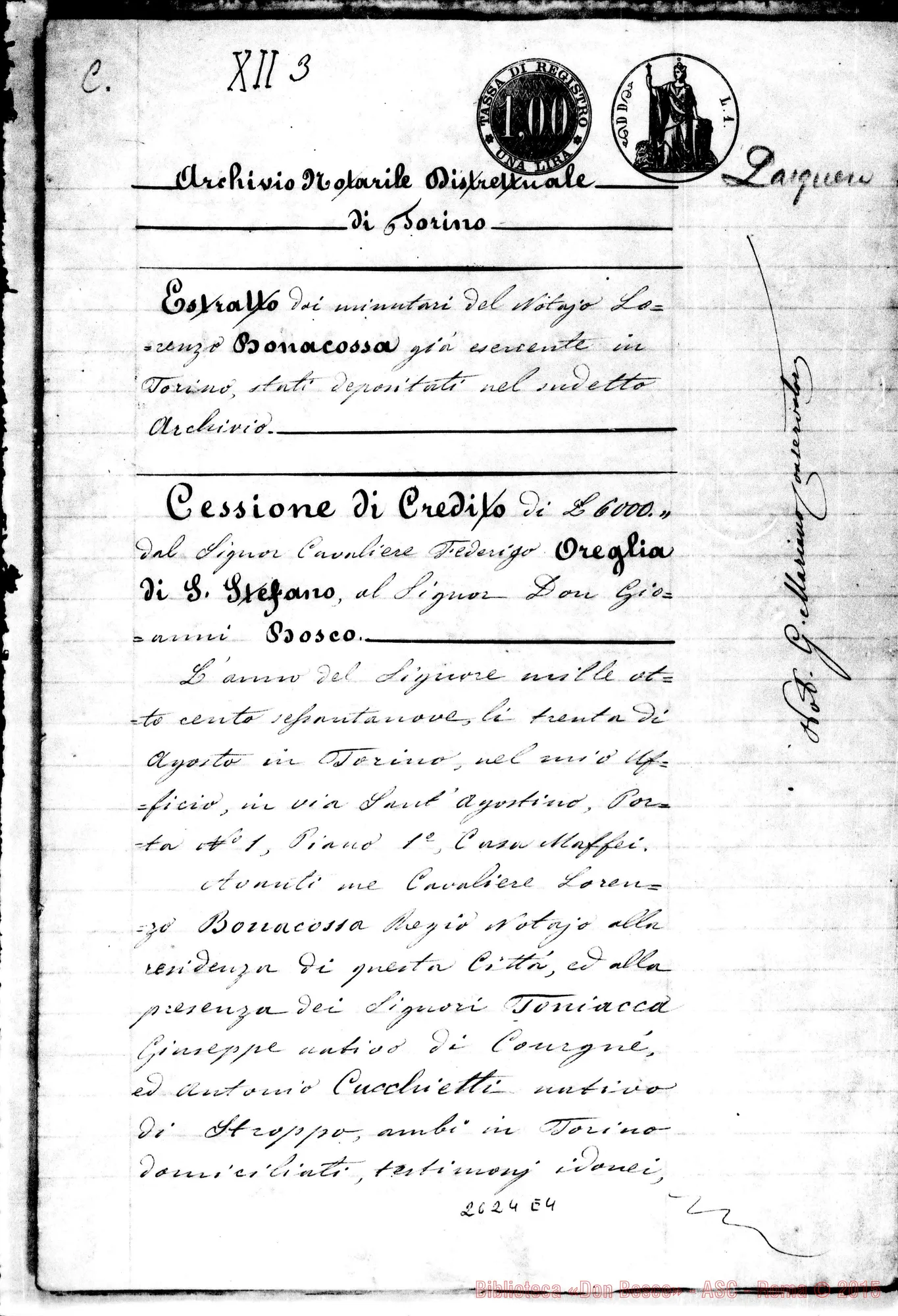 Fotogramma E 4 — Oreglia: atto di Cessione di Credito dal Cav. Oreglia Federico di S. Stefano A Don Giovanni Bosco