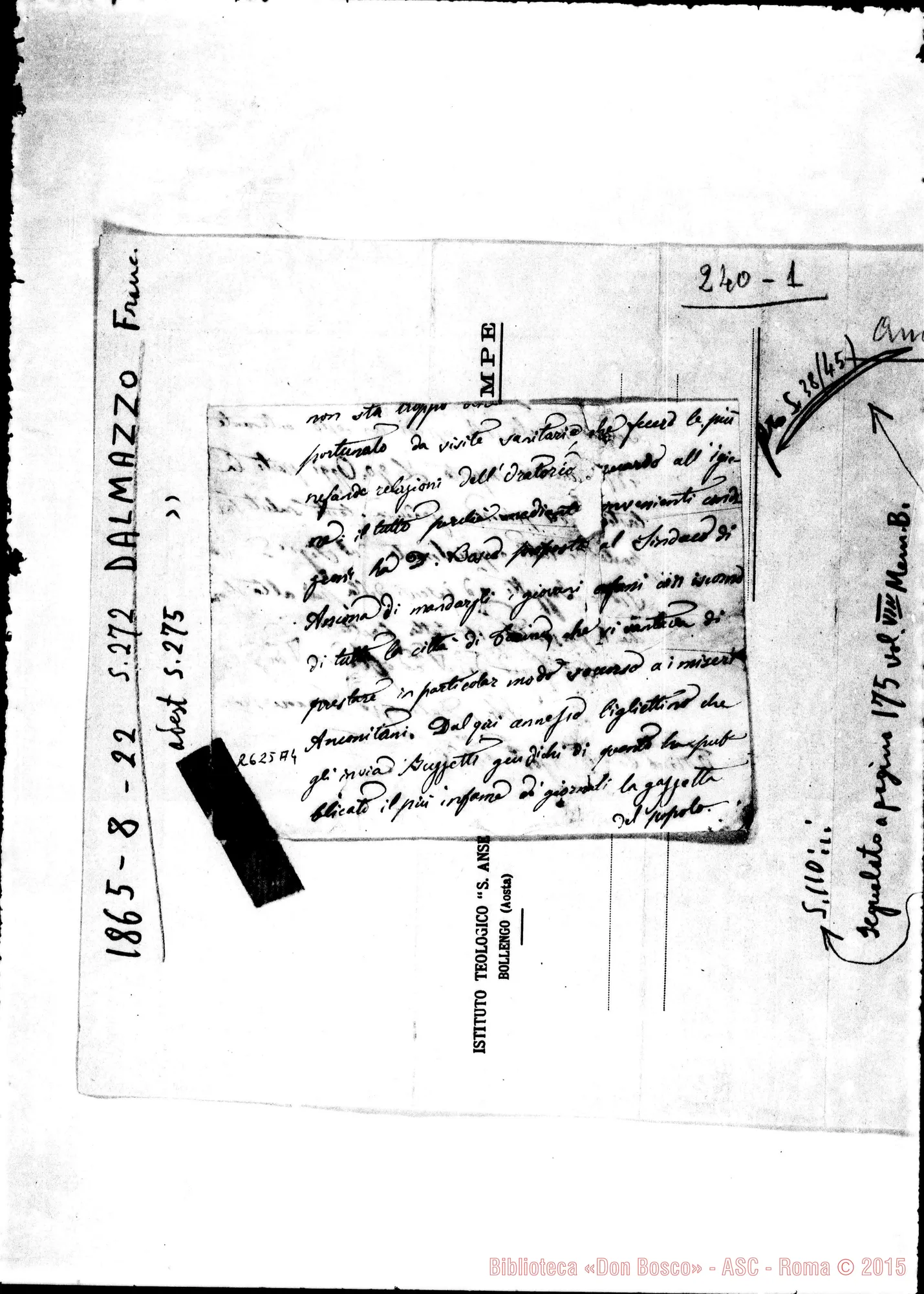 Fotogramma A 4 — Brano di lettera di D. Dalmazzo Francesco.