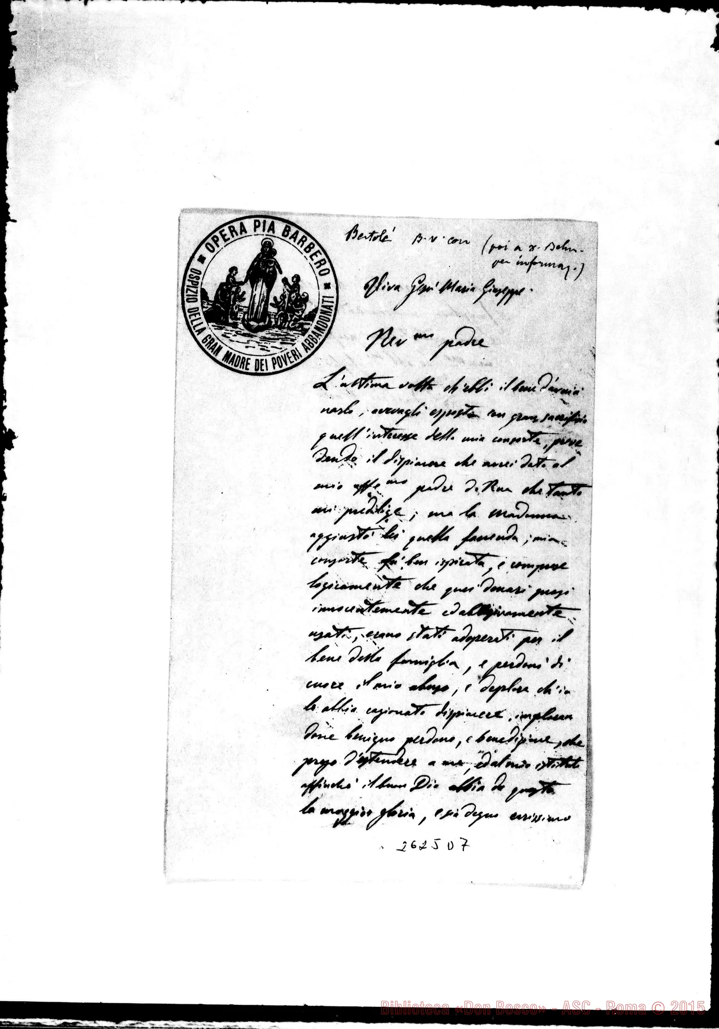Fotogramma D 7 — Barbero Carlo - Rev.mo Signore, s.l. s.d. Autogr. Rua