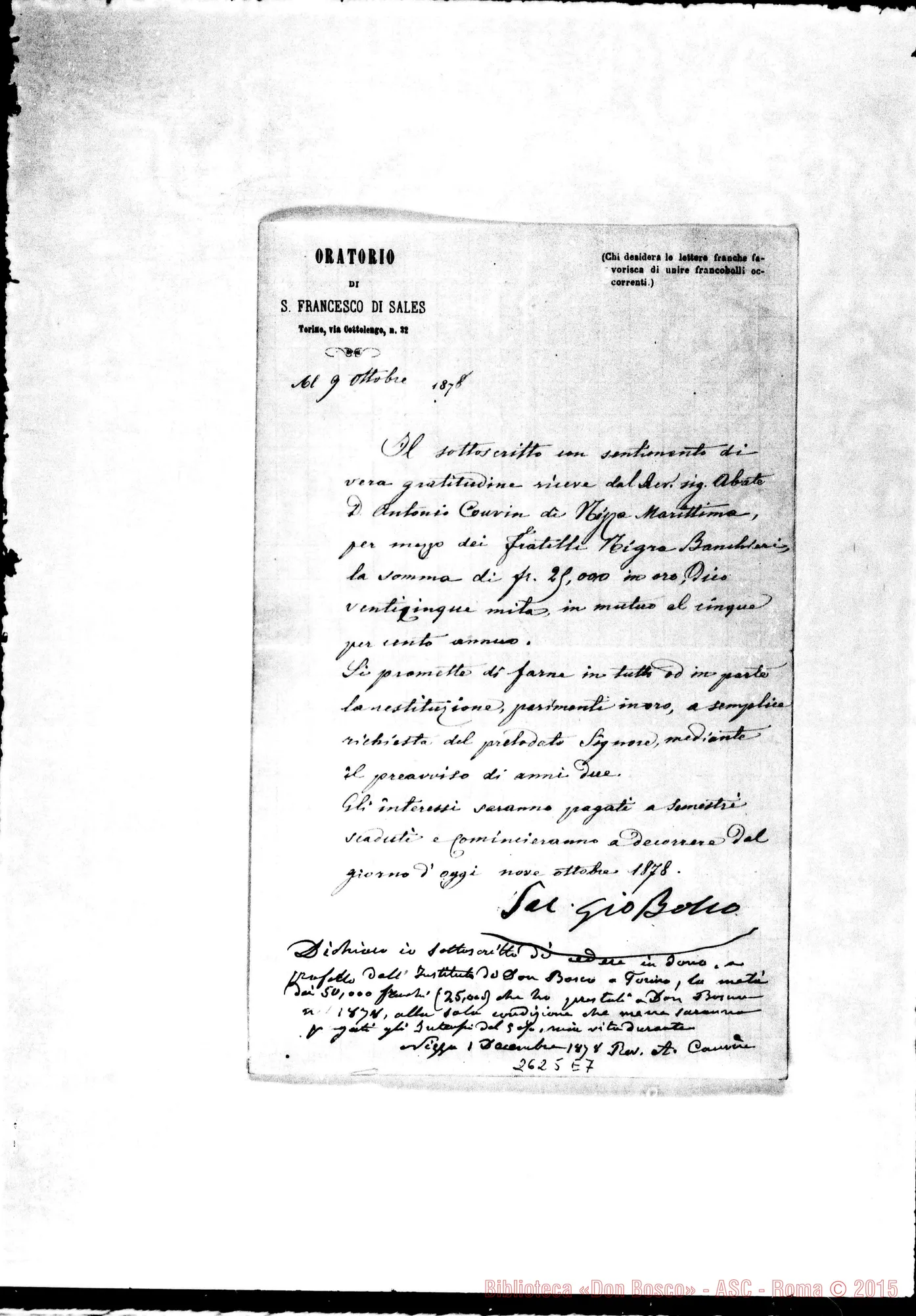 Fotogramma E 7 — Bella copia con firma autogr. Bosco. Torino, 9-10-1878