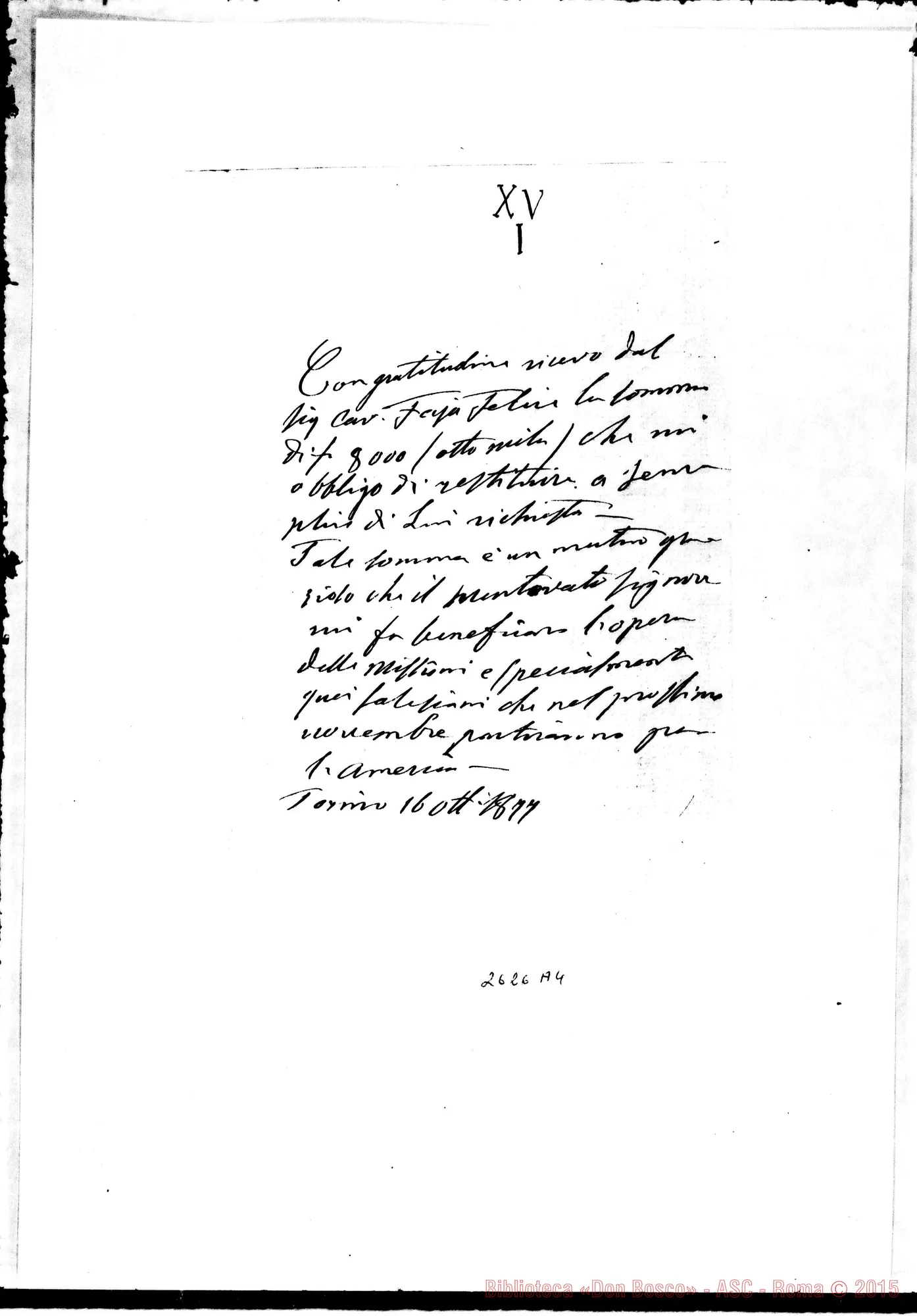 Fotogramma A 4 — Ricevuta Ms. autogr. Bosco. Torino, 16-10-1877.