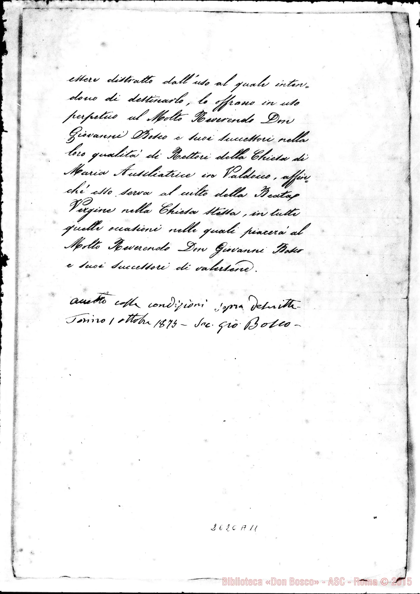 Fotogramma A 11 — Frescobaldi ed altre: Accettazione di D. Bosco. Firenze, 15-05-1875. Firma E autogr. Bosco